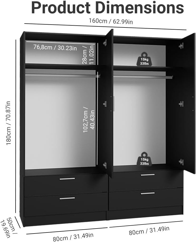 Madesa 4 Doors 4 Drawers Storage Cabinet Wardrobe with Shelves and Hanging Space 63" L Wooden Armoire Closet Organization Unit for Bedroom and Office (Black)