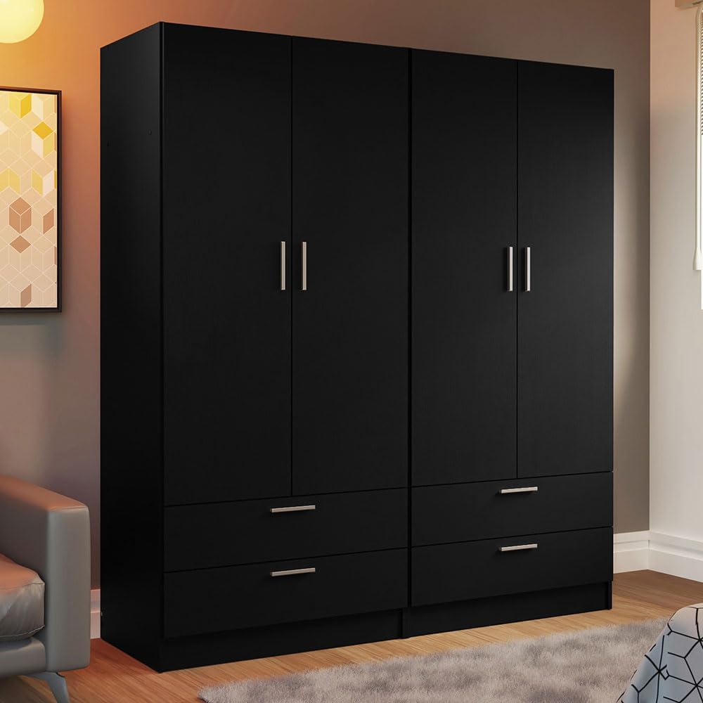 Madesa 4 Doors 4 Drawers Storage Cabinet Wardrobe with Shelves and Hanging Space 63" L Wooden Armoire Closet Organization Unit for Bedroom and Office (Black)