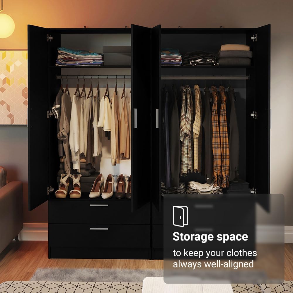 Madesa 4 Doors 4 Drawers Storage Cabinet Wardrobe with Shelves and Hanging Space 63" L Wooden Armoire Closet Organization Unit for Bedroom and Office (Black)