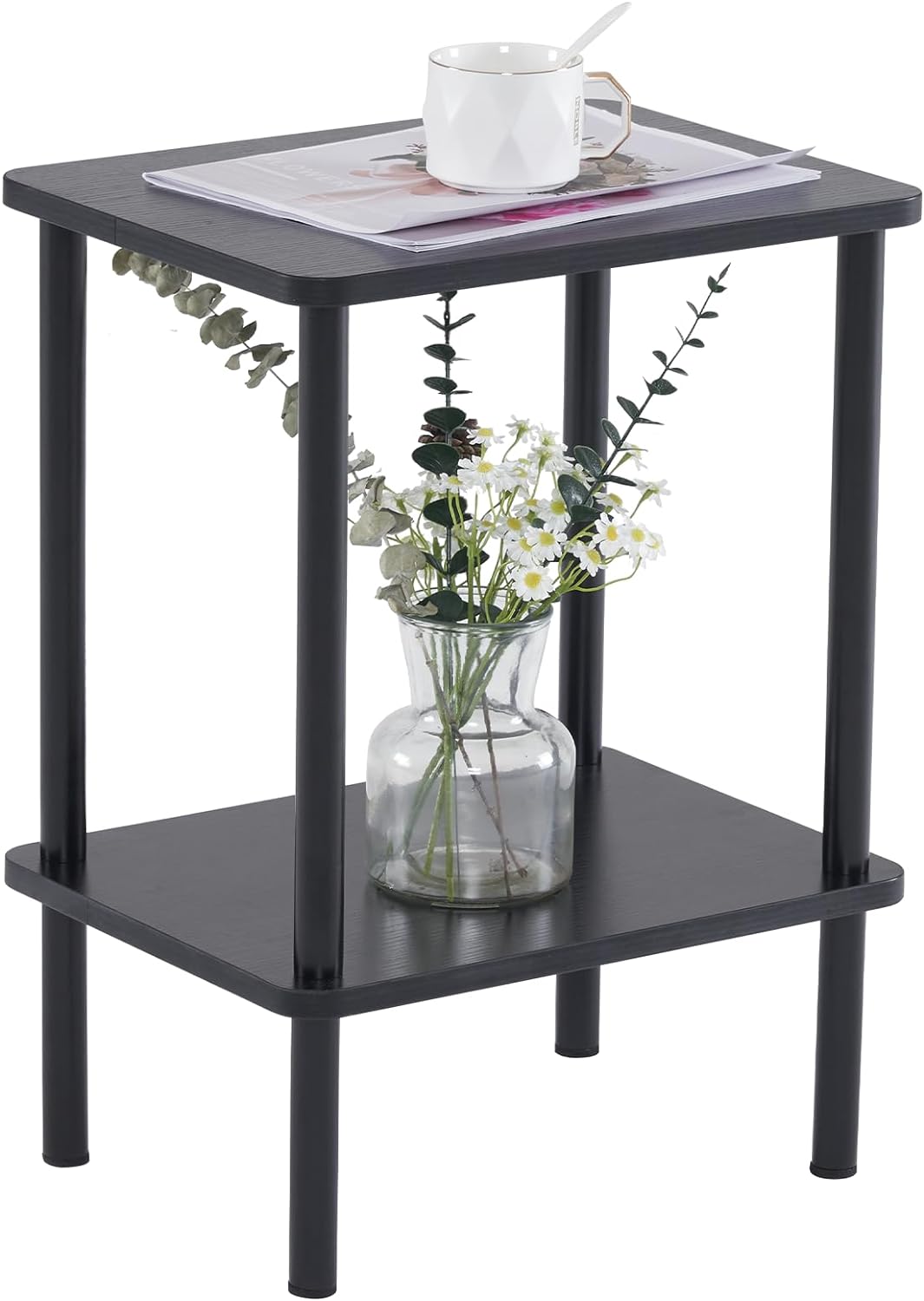 Apicizon 2 Tier End Table, Small Side Table with Solid Wood Legs, Boho Bedside Table with Storage Shelf, Nightstand for Small Spaces, Bedroom, Living Room, Entryway, Farmhouse, Easy Assembly, Natural