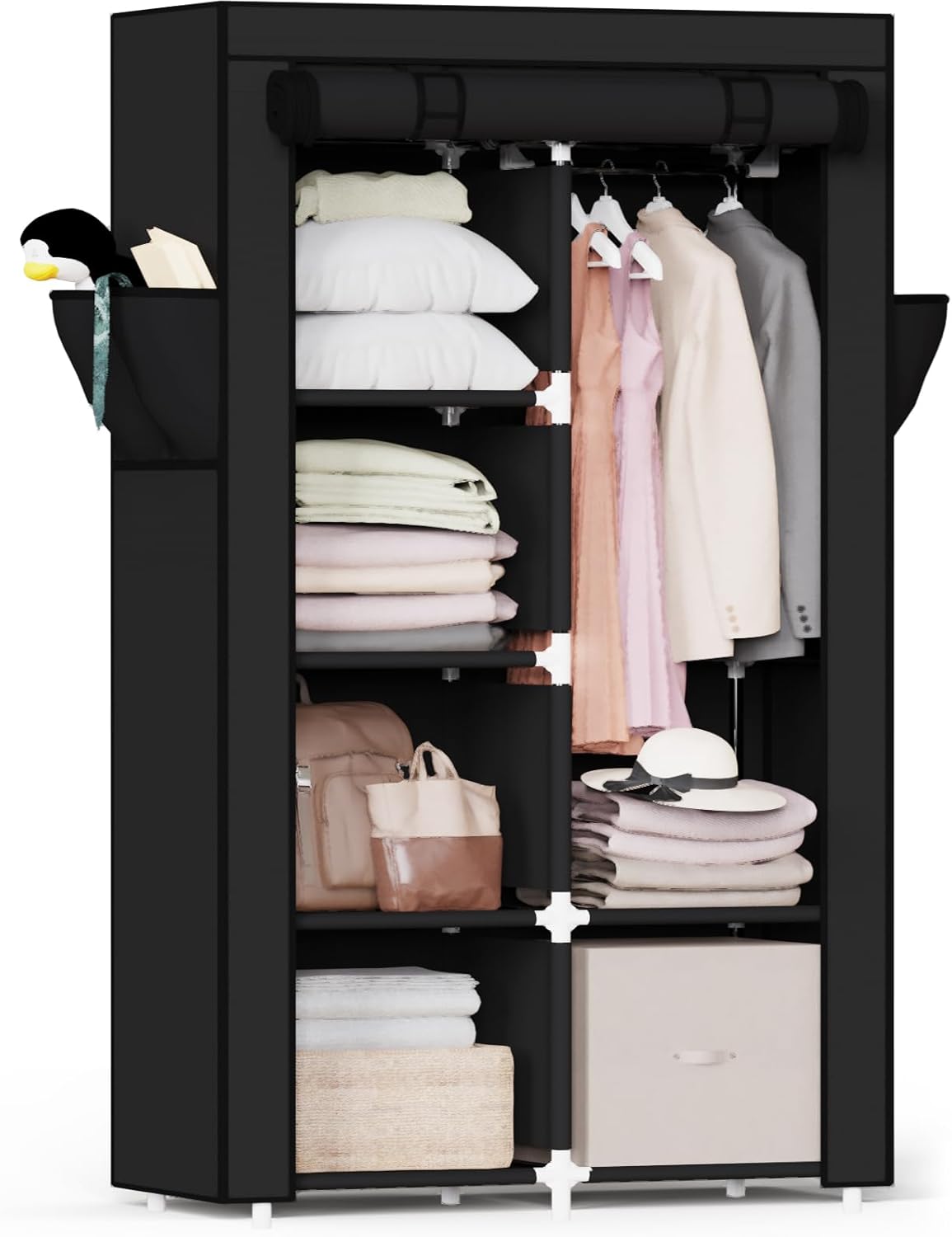 Mavivegue Clothes Organizer with 4 Hanging Rods, Portable Closet Wardrobe, Non-Woven Fabric Cover, Large Capacity Storage for Bedroom and Living Room,Black