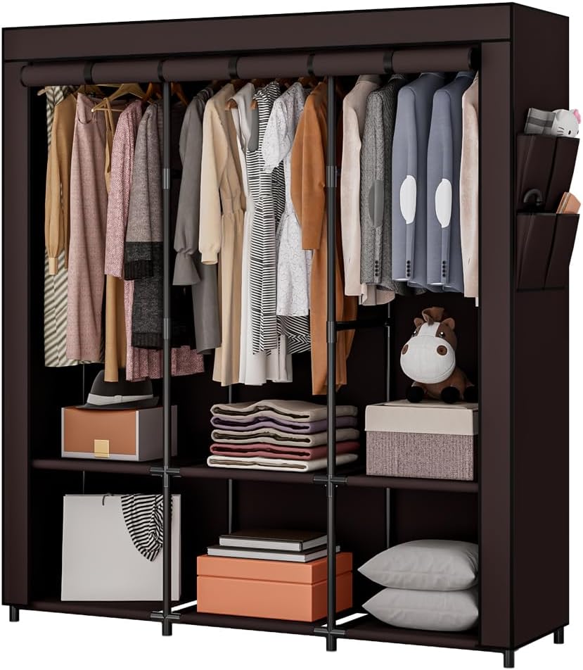 SORCEDAS Portable Wardrobe Closet Storage Organizer Metal Hanging Rack Non-Woven Fabric 34 Inch Black