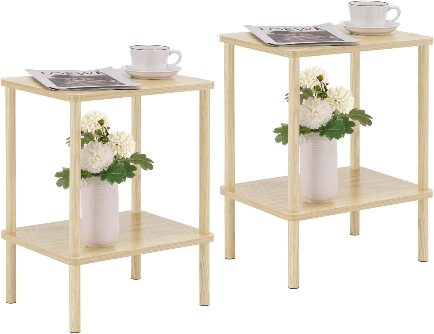 Apicizon 2 Tier End Table, Small Side Table with Solid Wood Legs, Boho Bedside Table with Storage Shelf, Nightstand for Small Spaces, Bedroom, Living Room, Entryway, Farmhouse, Easy Assembly, Natural