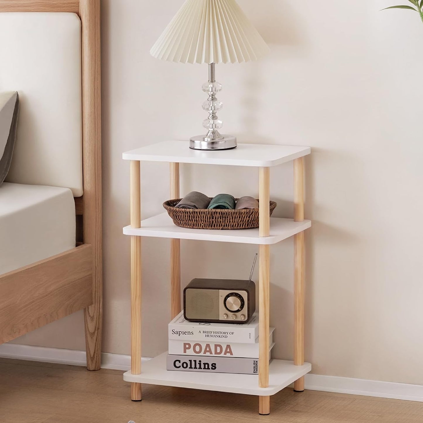 Apicizon 2 Tier End Table, Small Side Table with Solid Wood Legs, Boho Bedside Table with Storage Shelf, Nightstand for Small Spaces, Bedroom, Living Room, Entryway, Farmhouse, Easy Assembly, Natural