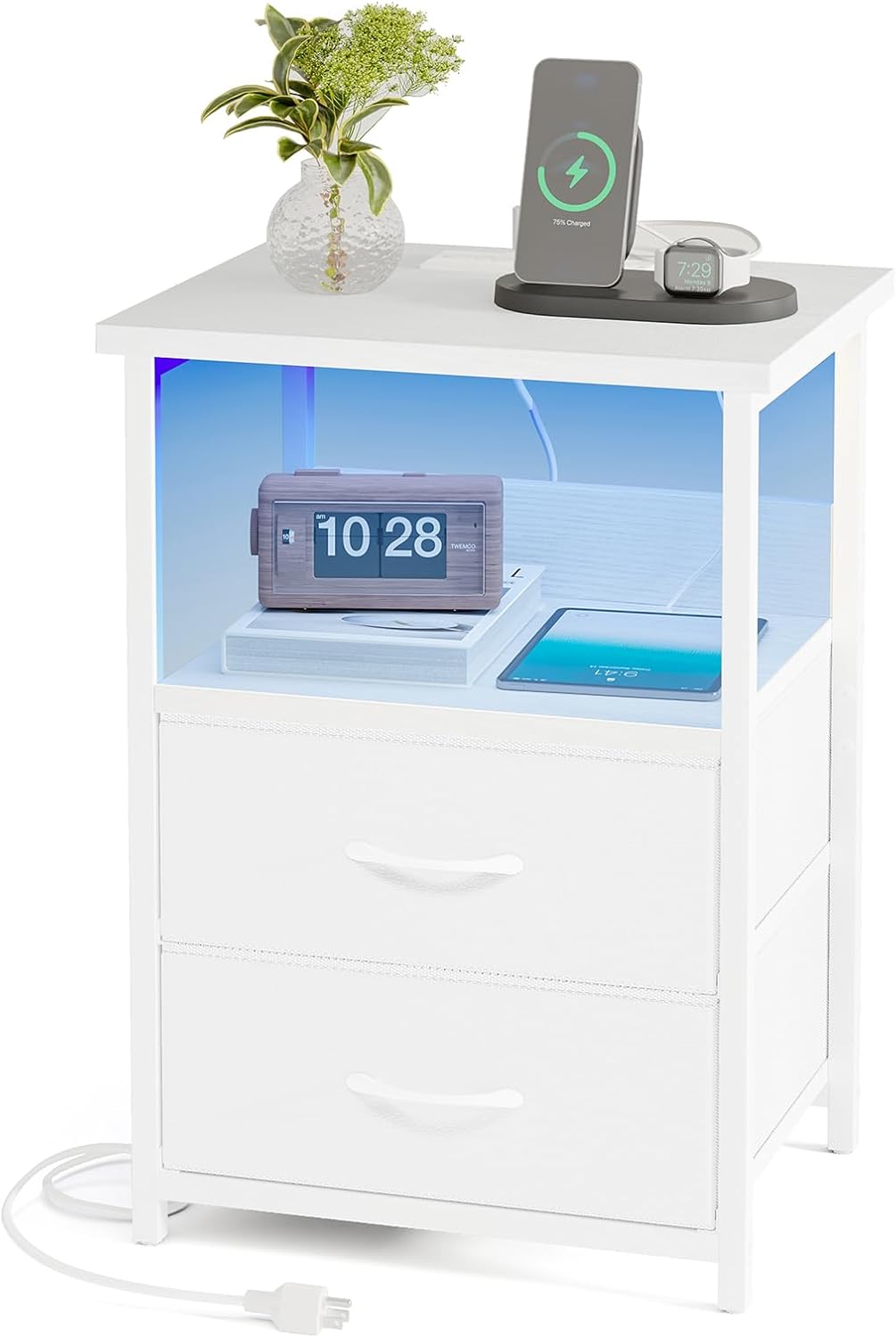 Fixwal Night Stand with Charging Station, LED Nightstand with U-S-B Ports and Outlets, 2 Fabric Storage Drawers with PU Finish, Small Bedside Table, Black