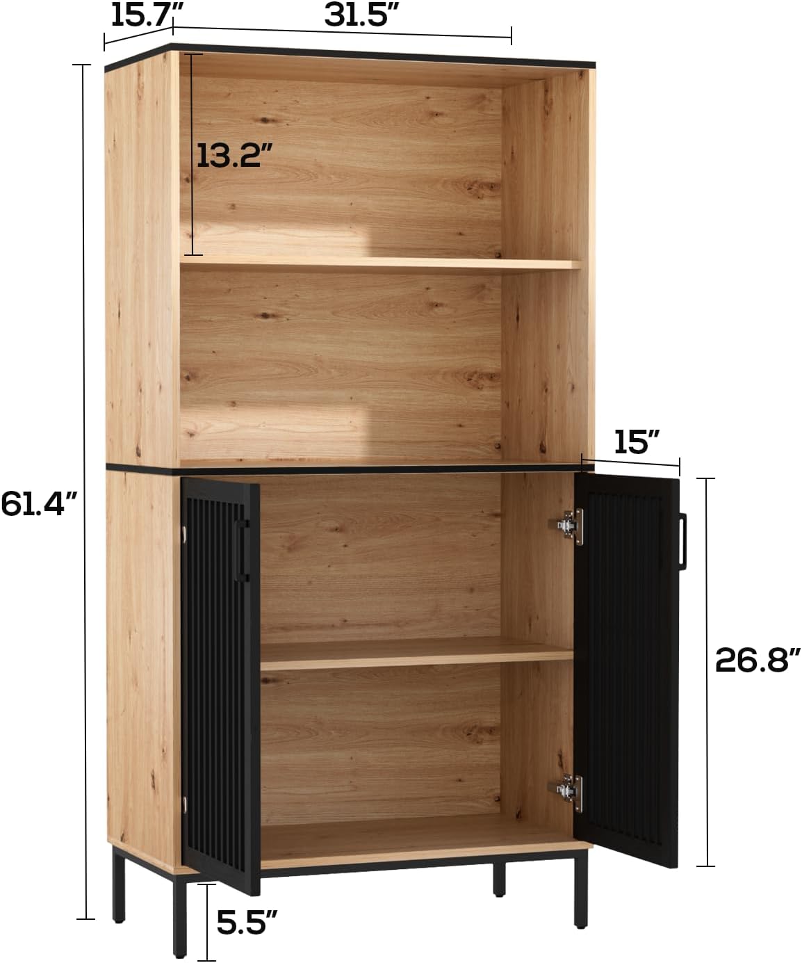 TUSY 61.4" Modern Bookshelf Set of 2, 4 Tier Bookcase with Storage for Living Room, Farmhouse Wooden Bookcase with Doors and Shelves for Home Office, Clutter-Free Storage Organizer for Bedroom (Black)