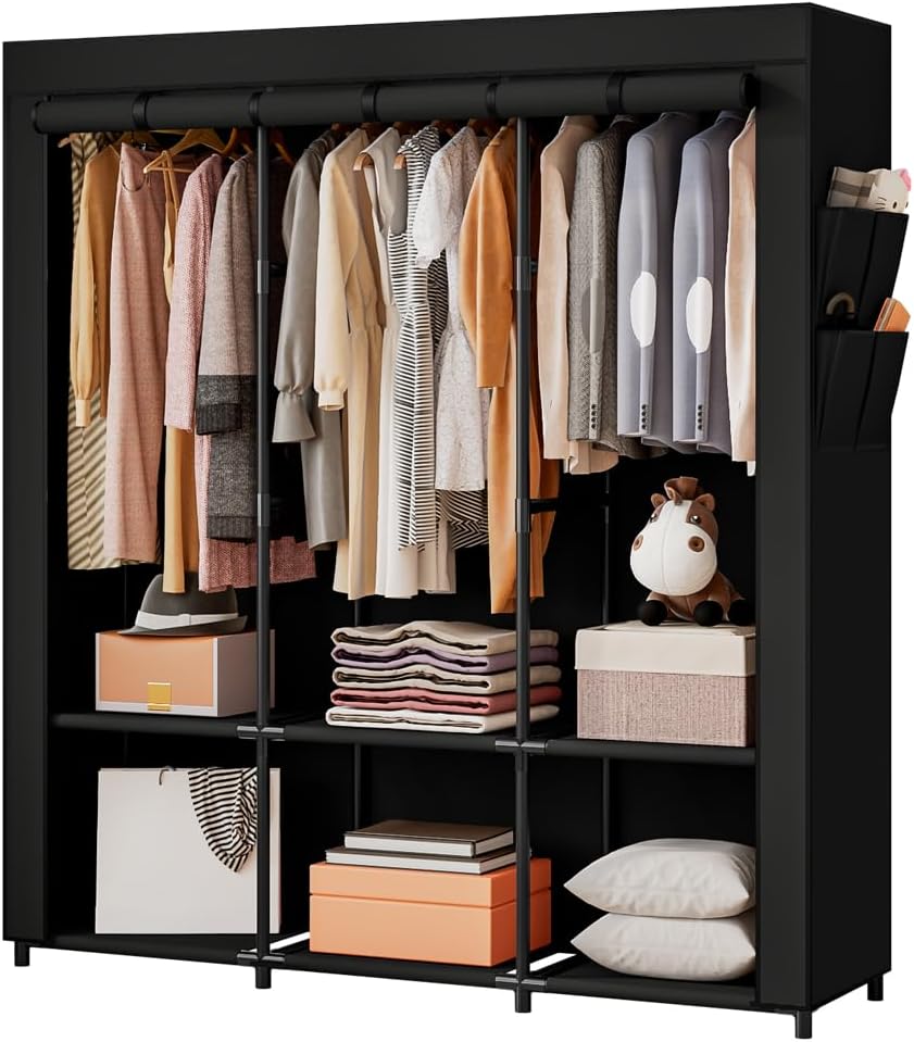 SORCEDAS Portable Wardrobe Closet Storage Organizer Metal Hanging Rack Non-Woven Fabric 34 Inch Black