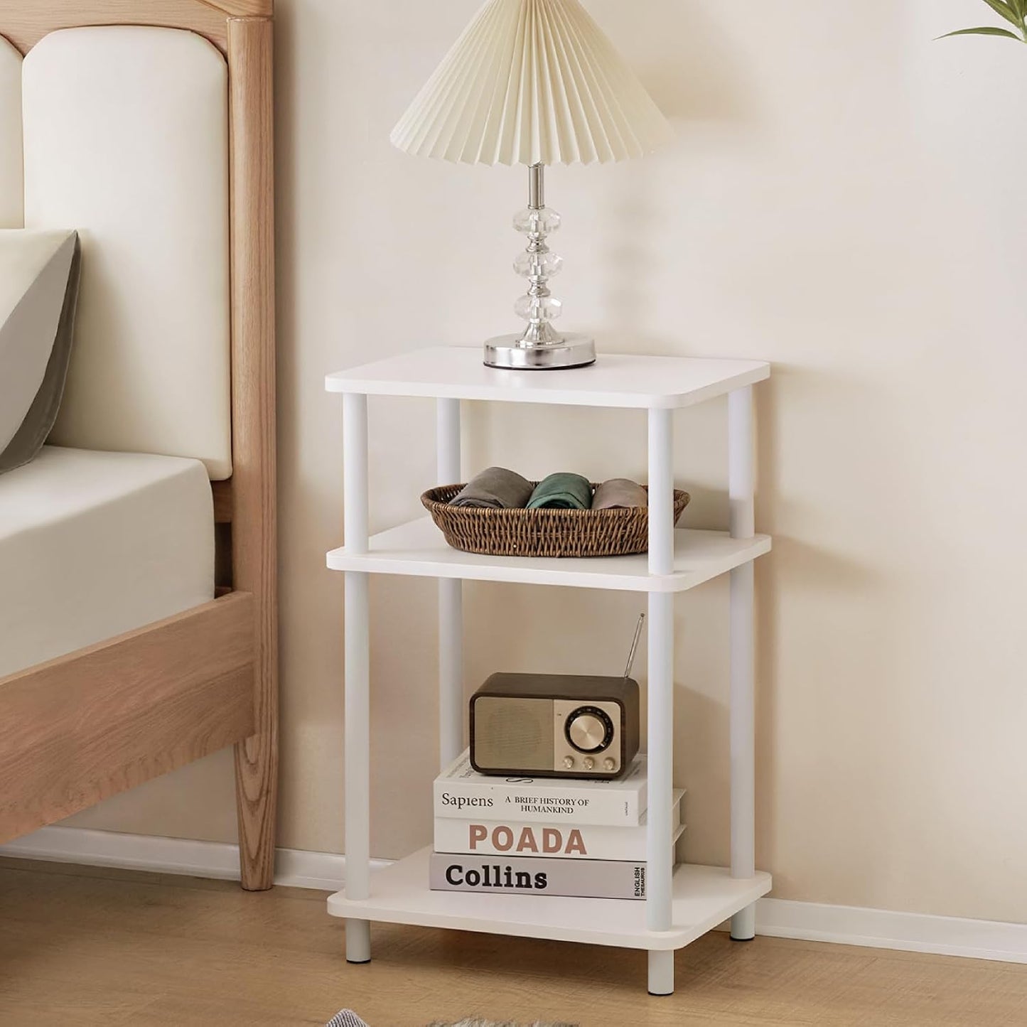Apicizon 2 Tier End Table, Small Side Table with Solid Wood Legs, Boho Bedside Table with Storage Shelf, Nightstand for Small Spaces, Bedroom, Living Room, Entryway, Farmhouse, Easy Assembly, Natural