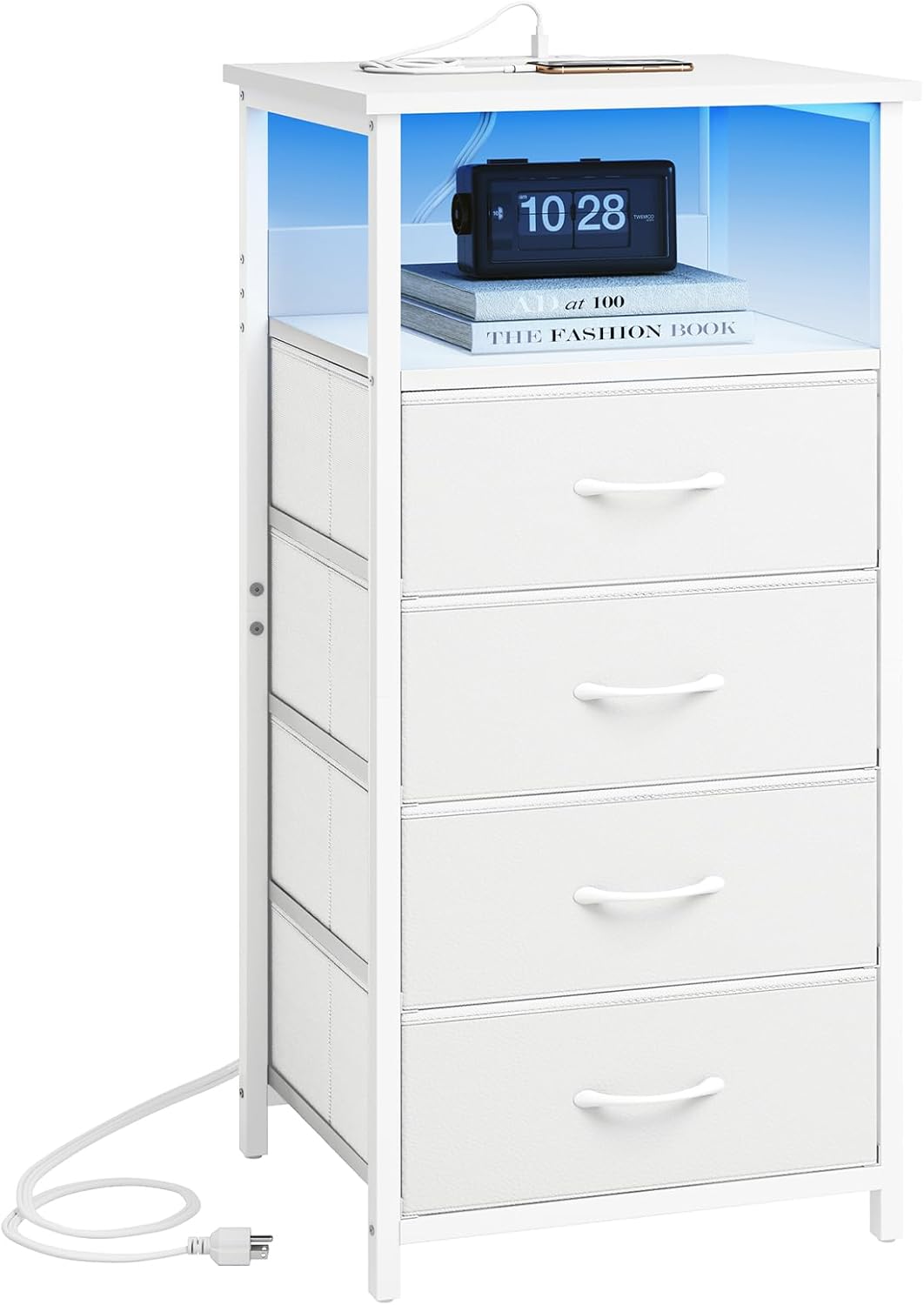Fixwal Night Stand with Charging Station, LED Nightstand with U-S-B Ports and Outlets, 3 Fabric Storage Drawers with PU Finish, Bedside Table, Black