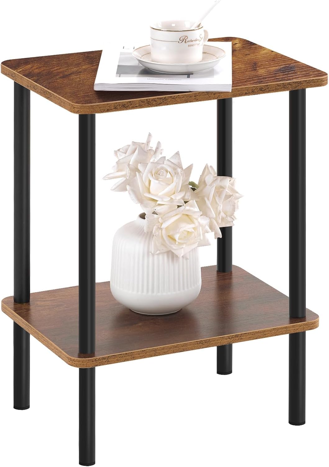 Apicizon 2 Tier End Table, Small Side Table with Solid Wood Legs, Boho Bedside Table with Storage Shelf, Nightstand for Small Spaces, Bedroom, Living Room, Entryway, Farmhouse, Easy Assembly, Natural