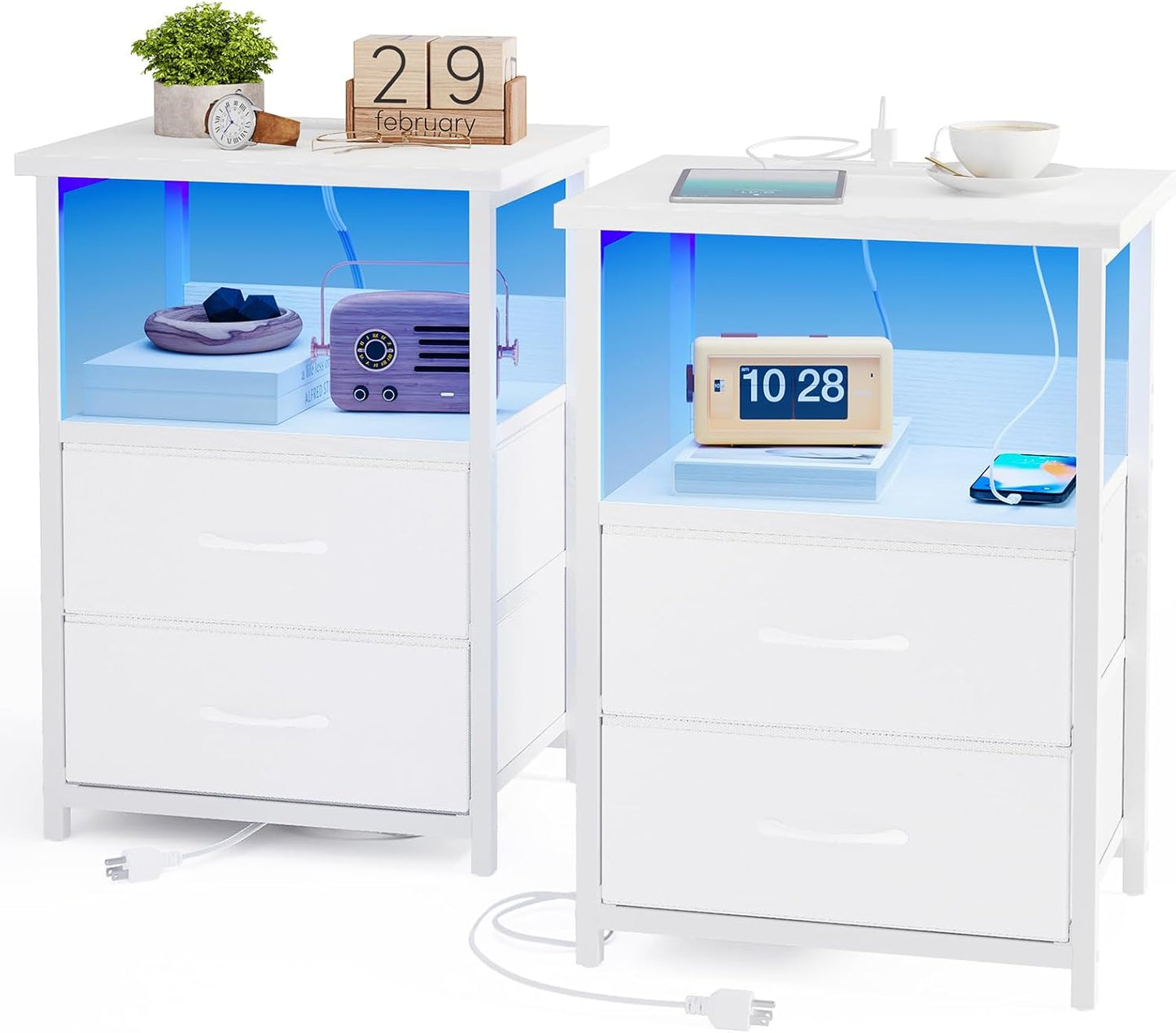 Fixwal Night Stand with Charging Station, LED Nightstand with U-S-B Ports and Outlets, 2 Fabric Storage Drawers with PU Finish, Small Bedside Table, Black