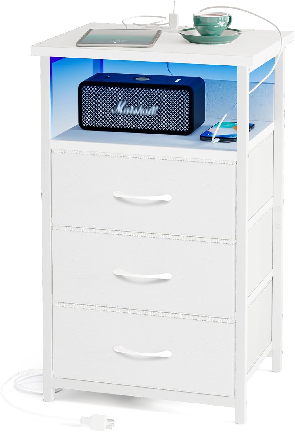 Fixwal Night Stand with Charging Station, LED Nightstand with U-S-B Ports and Outlets, 3 Fabric Storage Drawers with PU Finish, Bedside Table, Black