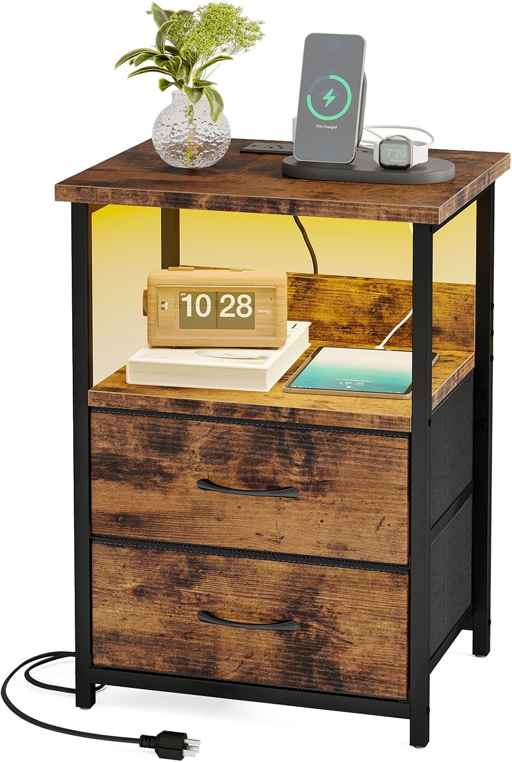 Fixwal Night Stand with Charging Station, LED Nightstand with U-S-B Ports and Outlets, 2 Fabric Storage Drawers with PU Finish, Small Bedside Table, Black