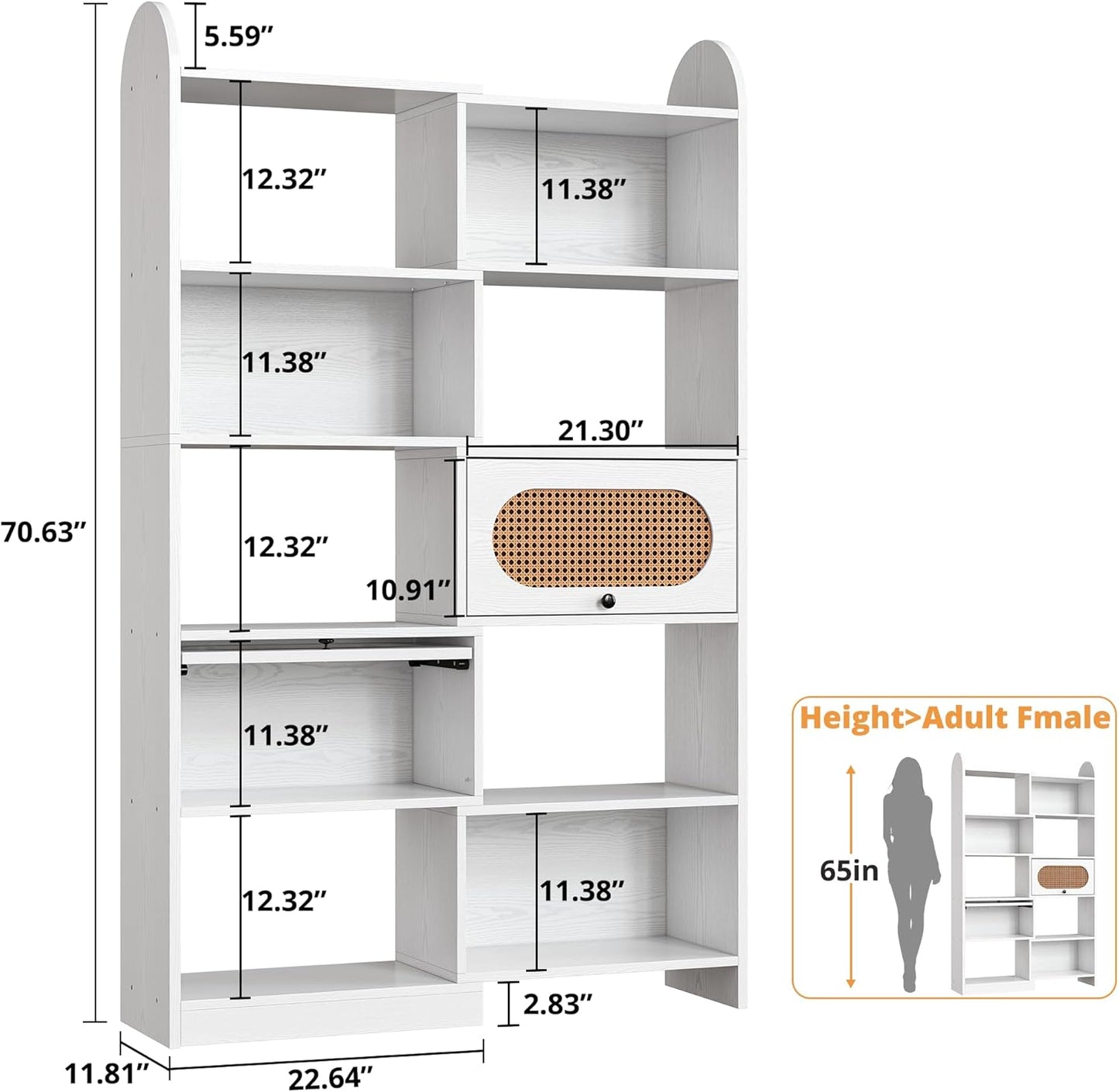 IRONCK 6 Tier Bookshelf and Bookcase with 2 Rattan Design Flip-top Storage Cabinets, 8 Cube Bookcases Display Storage Shelves Organizer for Living Room, 43.3" White