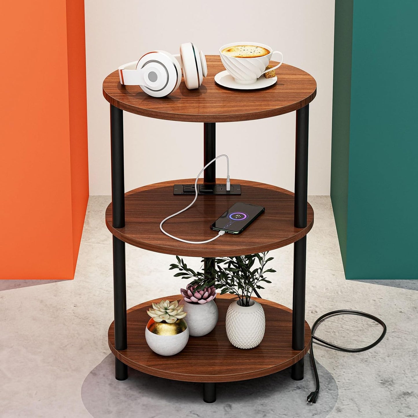 Small Round Side Table - 3-Tier Oval Accent Table for Small Spaces, Rustic Wood and Metal Couch End Table, Nightstand for Bedroom or End Table Living Room, Easy to Assemble, Rustic Brown