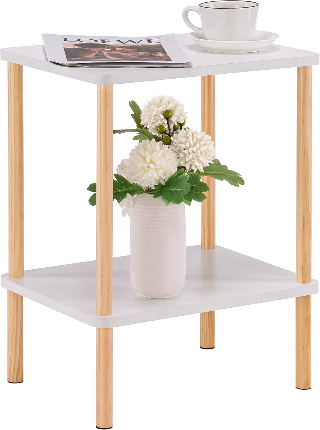 Apicizon 2 Tier End Table, Small Side Table with Solid Wood Legs, Boho Bedside Table with Storage Shelf, Nightstand for Small Spaces, Bedroom, Living Room, Entryway, Farmhouse, Easy Assembly, Natural