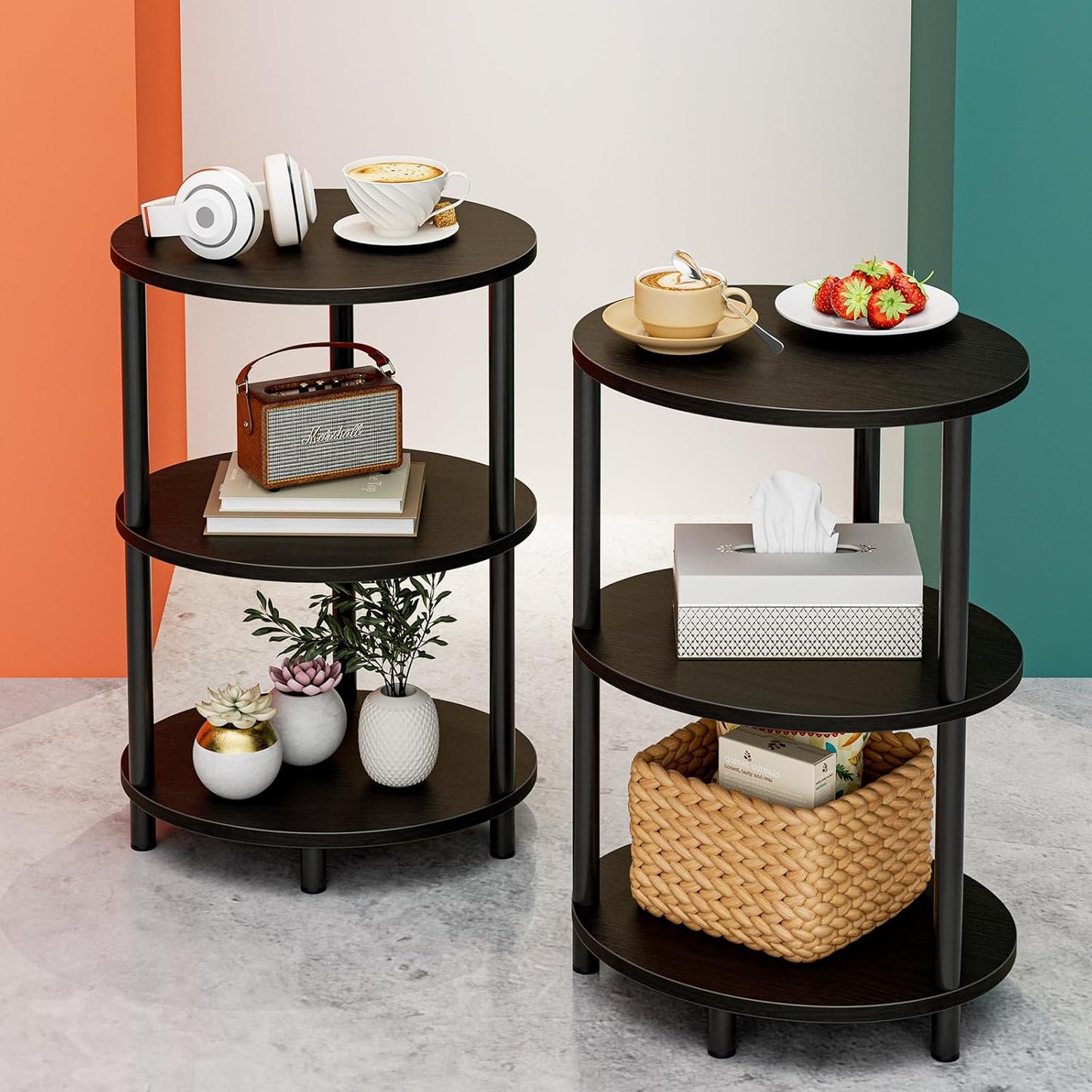 Small Round Side Table - 3-Tier Oval Accent Table for Small Spaces, Rustic Wood and Metal Couch End Table, Nightstand for Bedroom or End Table Living Room, Easy to Assemble, Rustic Brown