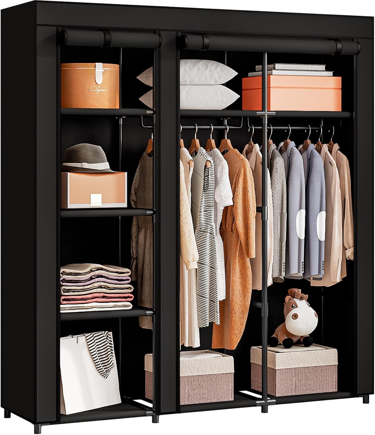 SORCEDAS Portable Wardrobe Closet Storage Organizer Metal Hanging Rack Non-Woven Fabric 34 Inch Black