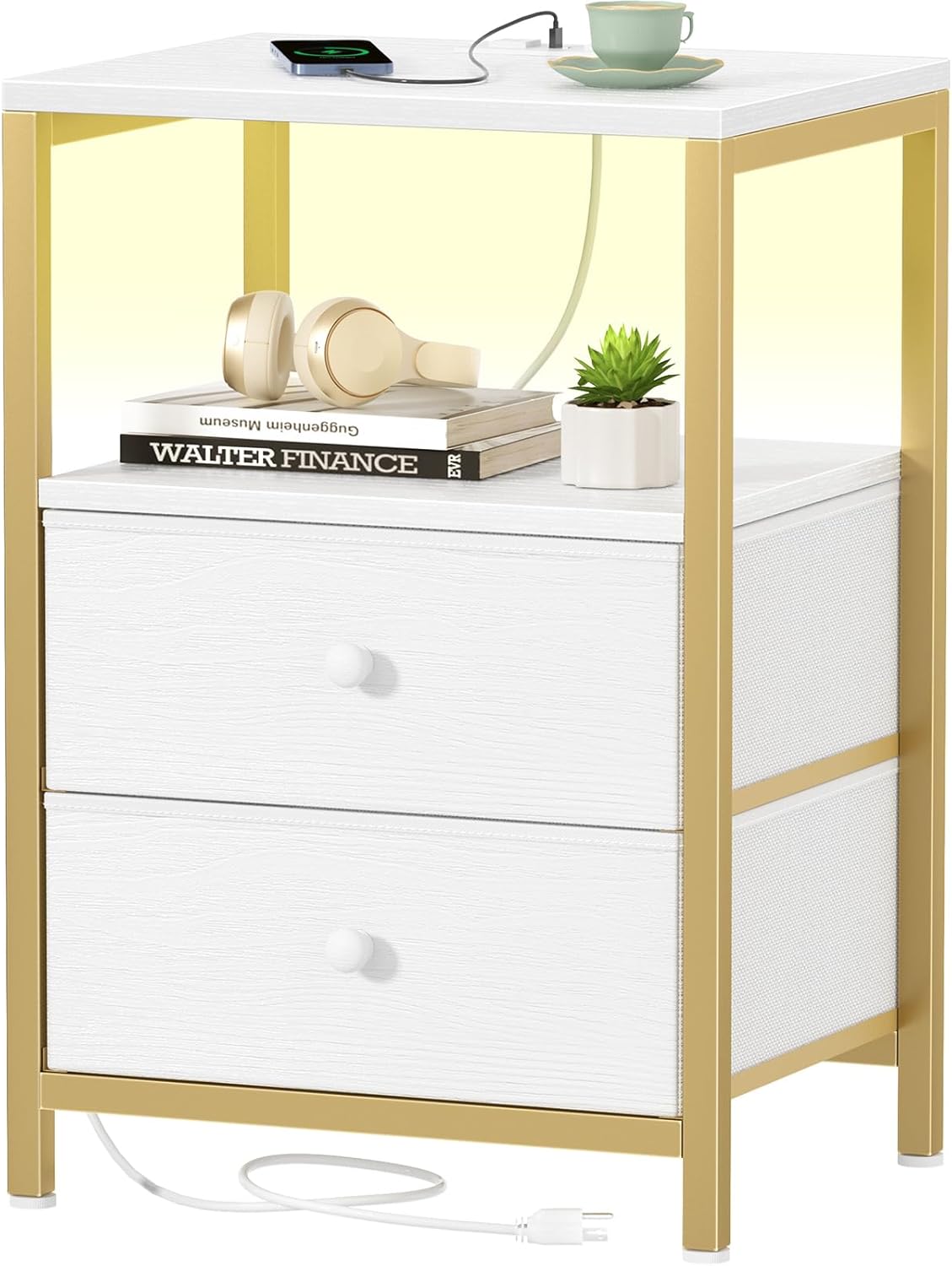 BOLUO White Nightstand with Charging Station, LED Night Stand with 2 Fabric Drawers, Bedside Table with USB Ports and Outlets, Nightstand for Bedroom Modern