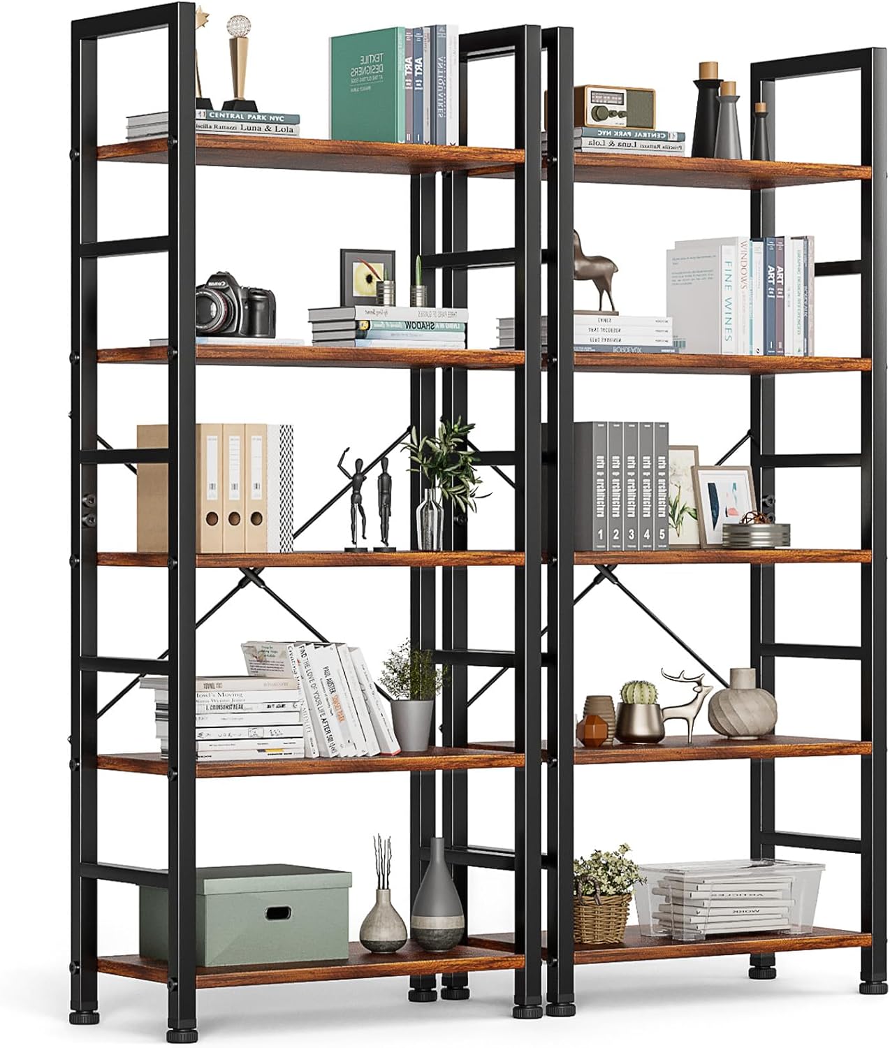 DUMOS 5 Tiers Bookshelf, Classical Modern Book Shelf, Tall Display Shelves in Living Room/Home/Office, Storage Organizer for CDs/Books/Movies, Rustic Brown