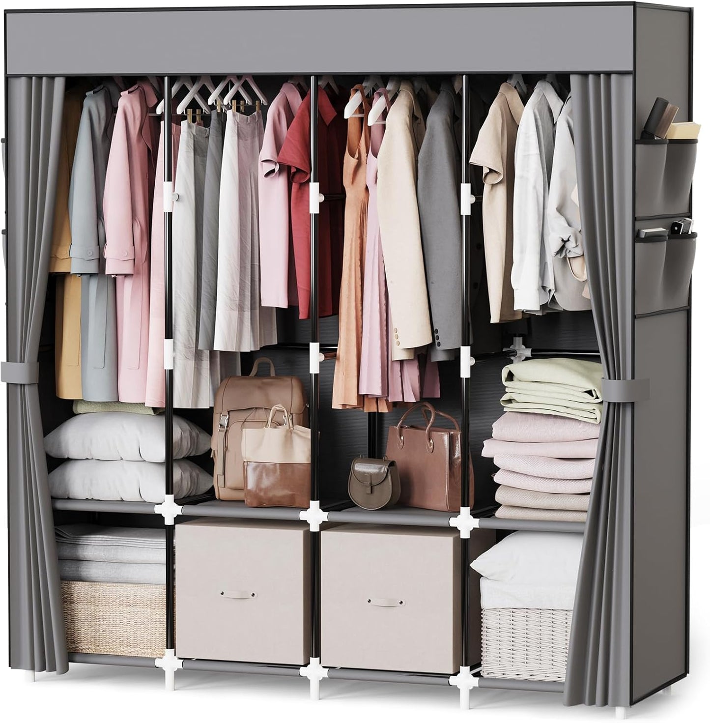 Mavivegue Clothes Organizer with 4 Hanging Rods, Portable Closet Wardrobe, Non-Woven Fabric Cover, Large Capacity Storage for Bedroom and Living Room,Black