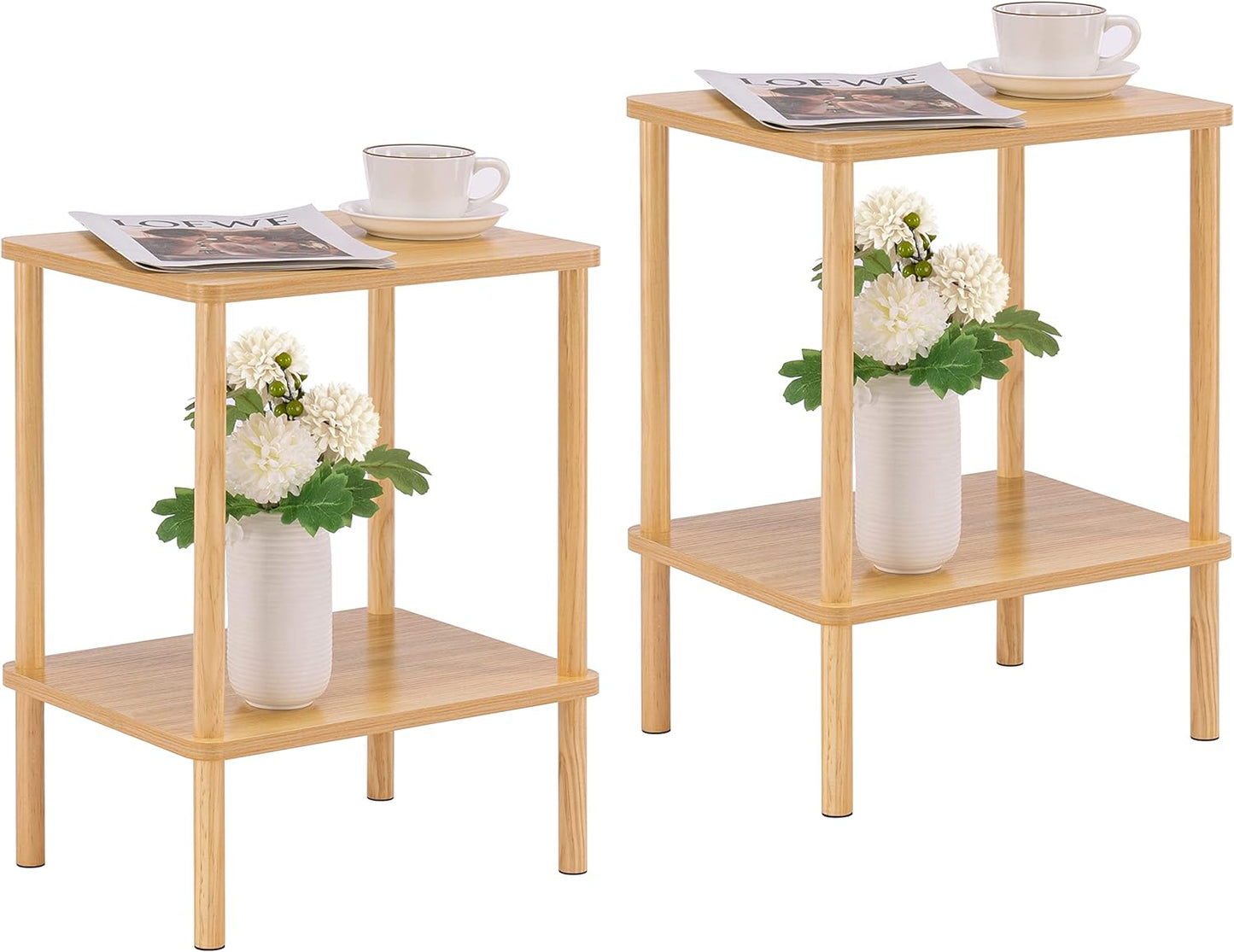 Apicizon 2 Tier End Table, Small Side Table with Solid Wood Legs, Boho Bedside Table with Storage Shelf, Nightstand for Small Spaces, Bedroom, Living Room, Entryway, Farmhouse, Easy Assembly, Natural