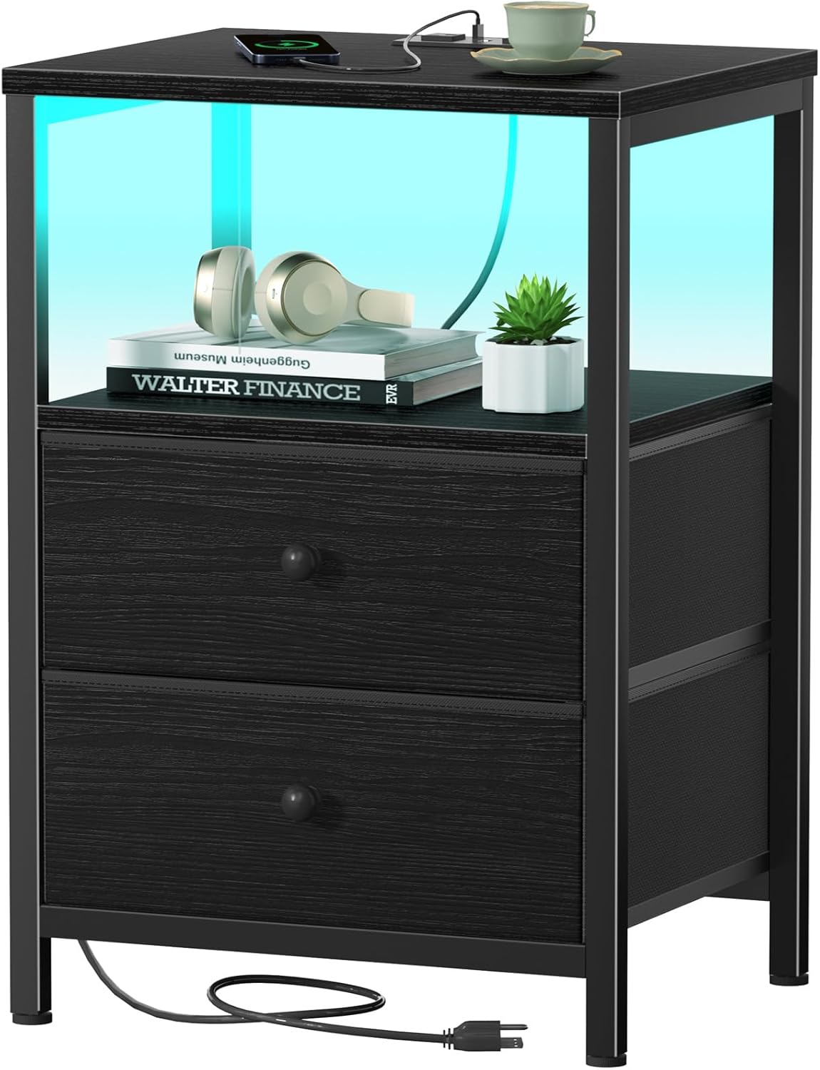 BOLUO White Nightstand with Charging Station, LED Night Stand with 2 Fabric Drawers, Bedside Table with USB Ports and Outlets, Nightstand for Bedroom Modern