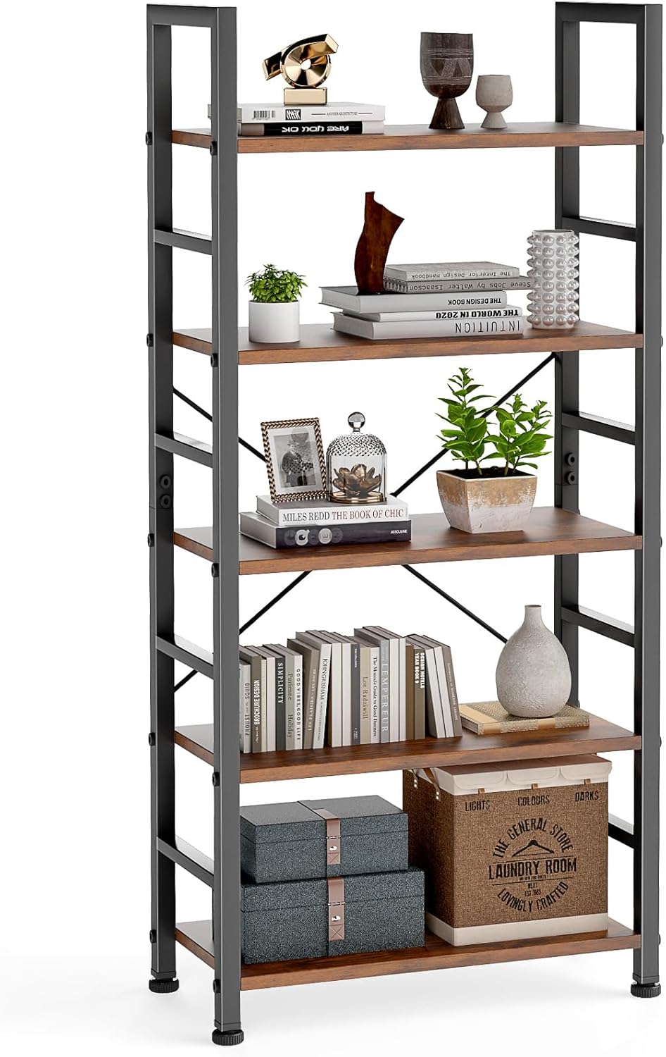 DUMOS 5 Tiers Bookshelf, Classical Modern Book Shelf, Tall Display Shelves in Living Room/Home/Office, Storage Organizer for CDs/Books/Movies, Rustic Brown