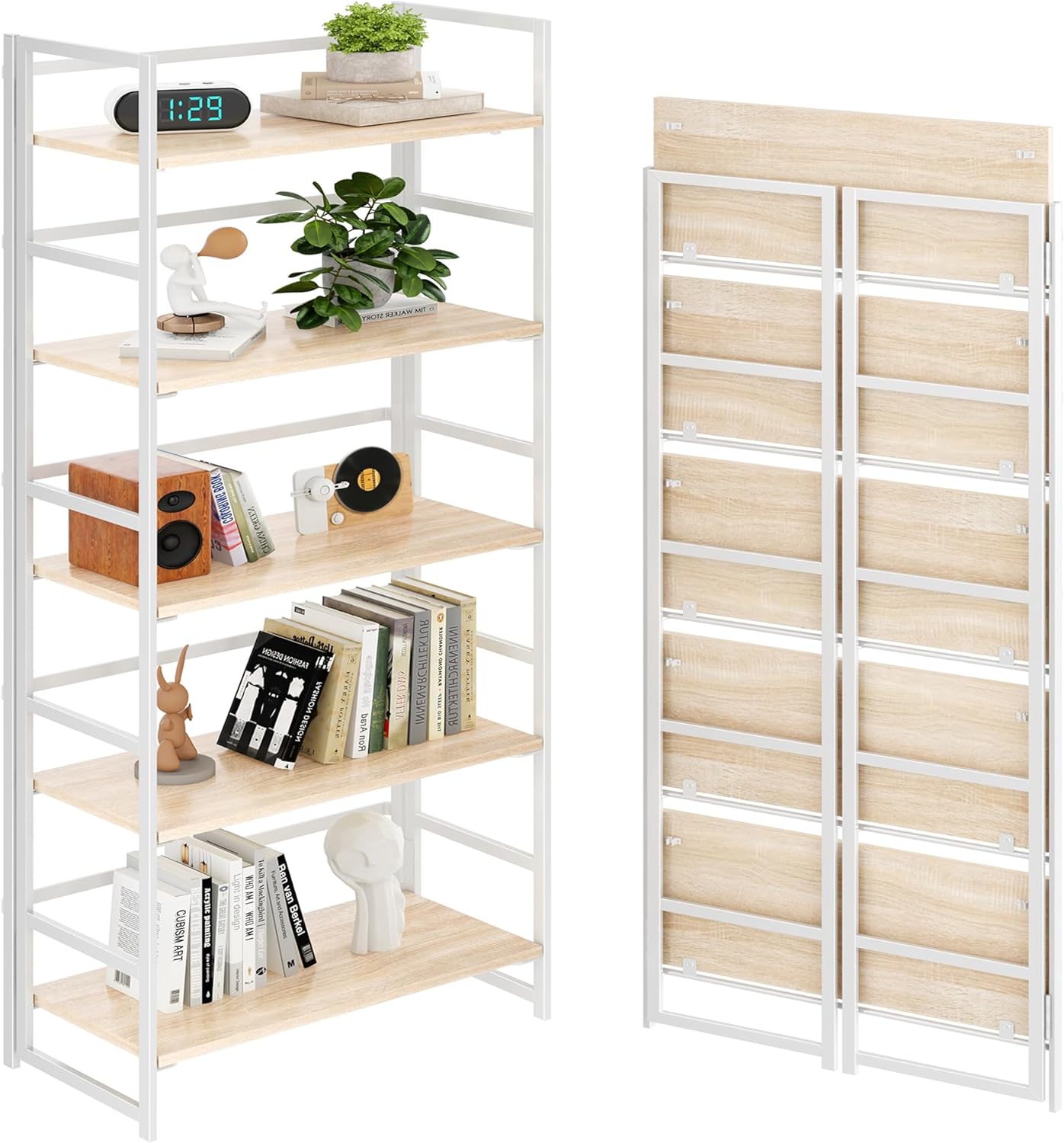 BHG Vintage Multifunctional Folding Bookshelf, No-Assembly Plant Stand Storage Rack Shelves for Home Office (Fire, 5-Tier)