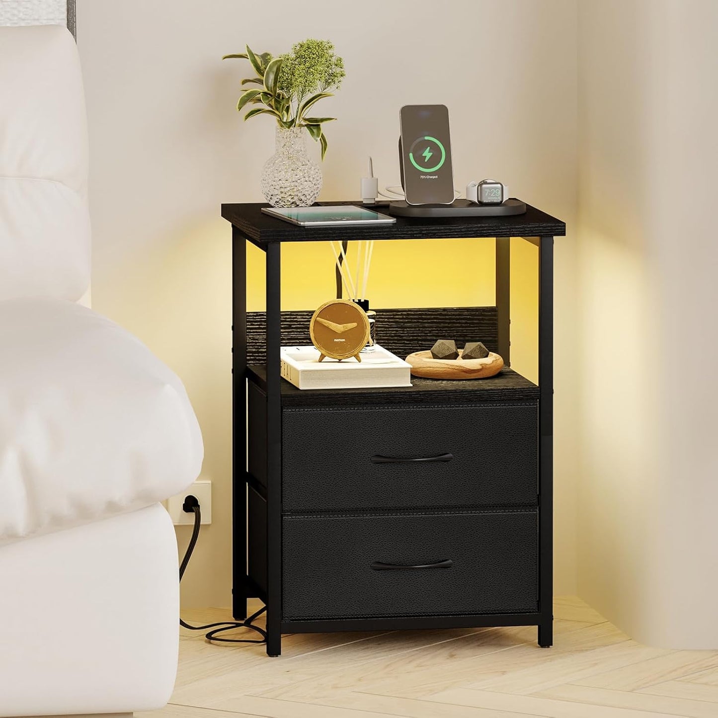 Fixwal Night Stand with Charging Station, LED Nightstand with U-S-B Ports and Outlets, 2 Fabric Storage Drawers with PU Finish, Small Bedside Table, Black