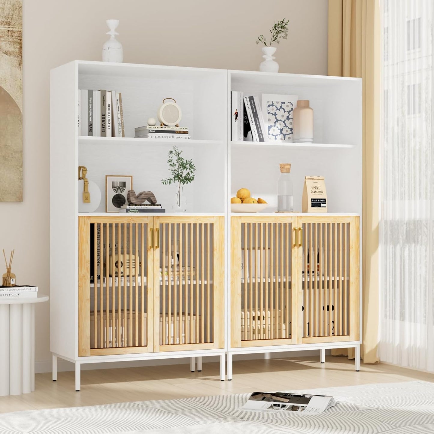 TUSY 61.4" Modern Bookshelf Set of 2, 4 Tier Bookcase with Storage for Living Room, Farmhouse Wooden Bookcase with Doors and Shelves for Home Office, Clutter-Free Storage Organizer for Bedroom (Black)
