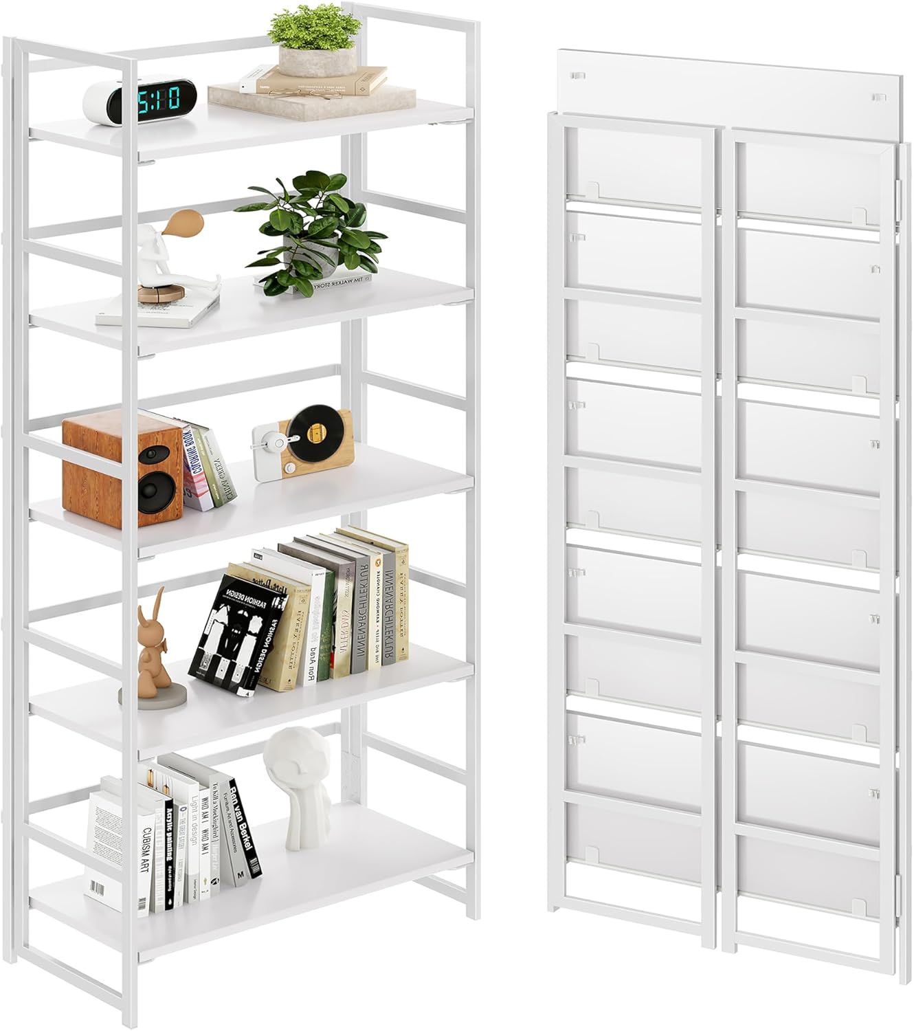 BHG Vintage Multifunctional Folding Bookshelf, No-Assembly Plant Stand Storage Rack Shelves for Home Office (Fire, 5-Tier)