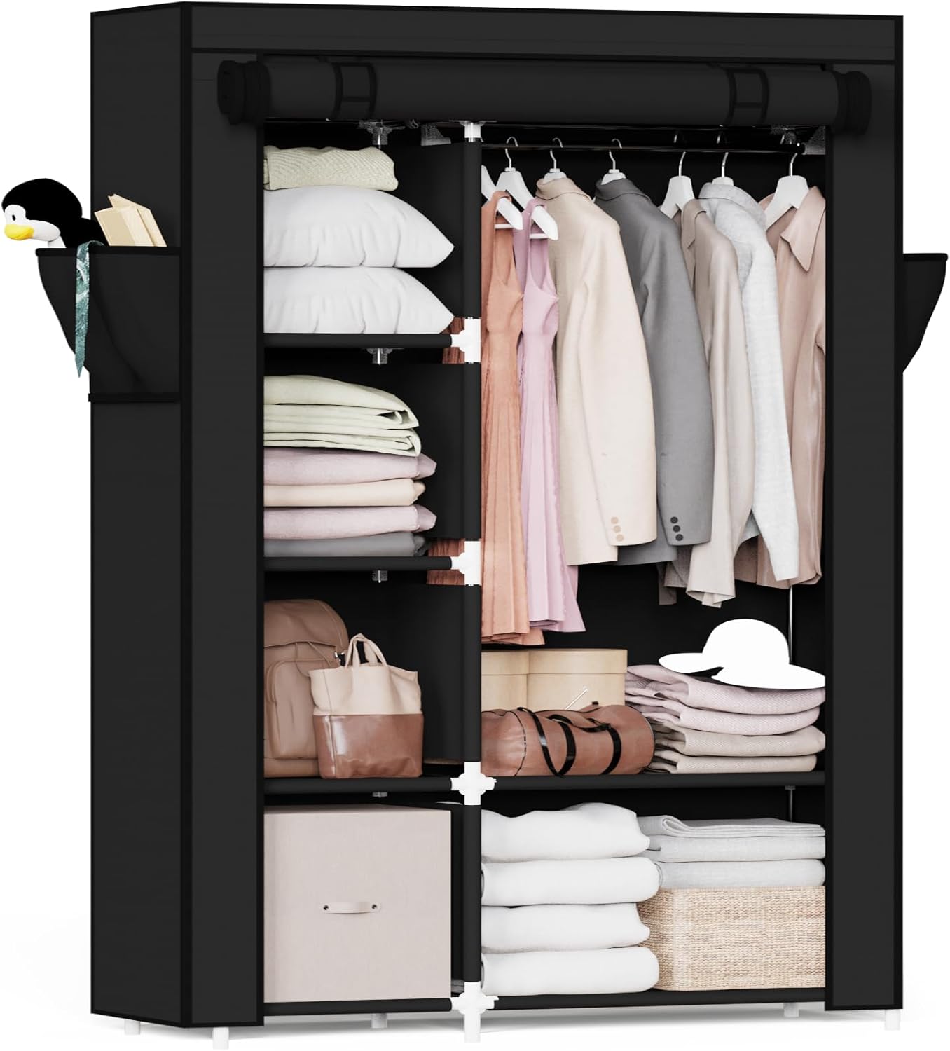 Mavivegue Clothes Organizer with 4 Hanging Rods, Portable Closet Wardrobe, Non-Woven Fabric Cover, Large Capacity Storage for Bedroom and Living Room,Black