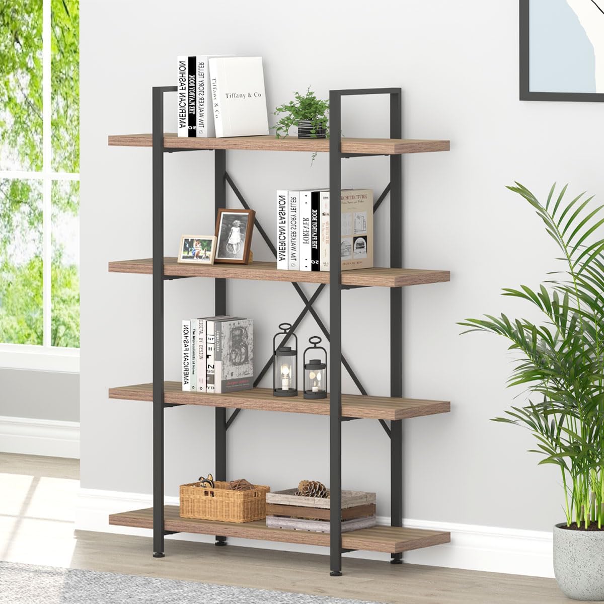 HSH 6 Shelf Tall Bookcase, Industrial Modern Large 6 Tier Bookshelf, Open Wood and Metal Display & Storage Rack,Farmhouse Bookcases and Book Shelves 6 Shelf for Bedroom Living Room Office,Rustic Brown
