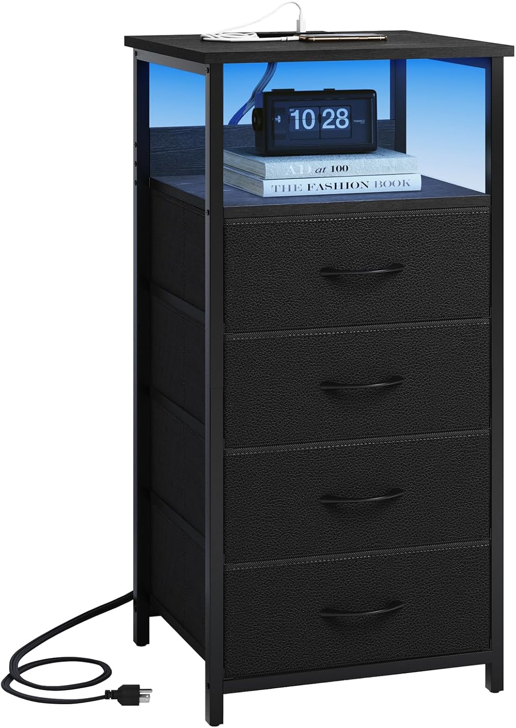 Fixwal Night Stand with Charging Station, LED Nightstand with U-S-B Ports and Outlets, 3 Fabric Storage Drawers with PU Finish, Bedside Table, Black