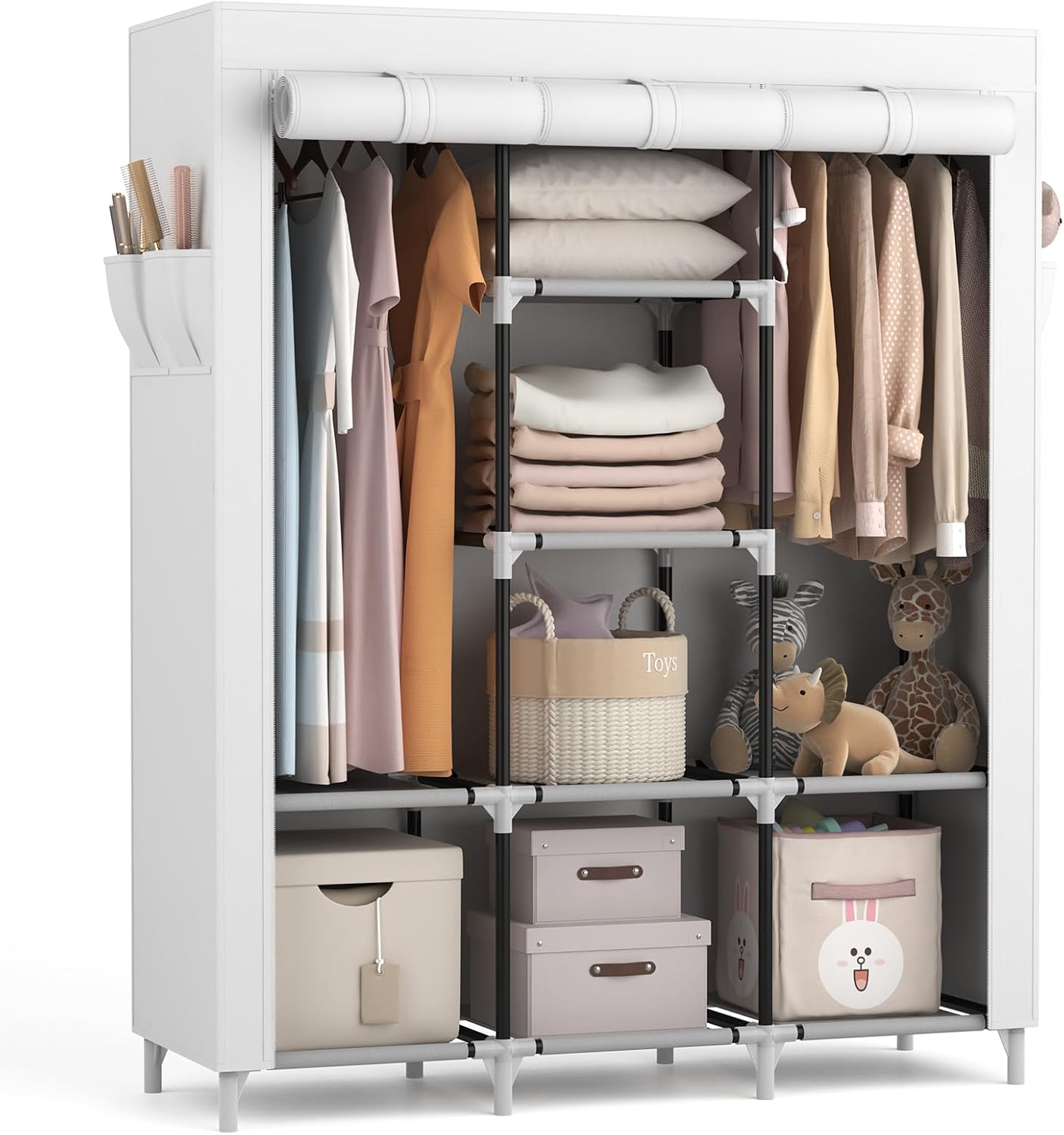 VTRIN Portable Closet Wardrobe for Hanging Clothes with 2 Hanging Rods and 8 Storage Organizer Shelves,Sturdy Large Wardrobe Closet for Bedroom Free Standing Clothes Rack with Cover,Grey
