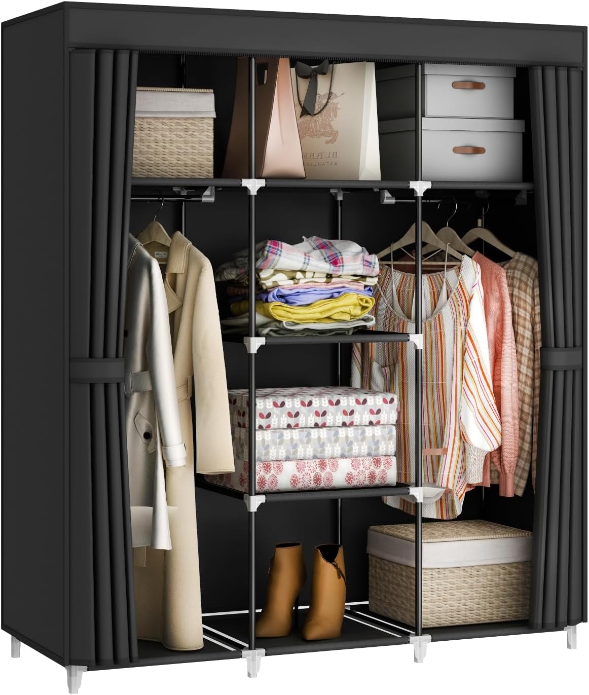 Portable Closet Wardrobe, 67-Inch Clothes Organizer with 4 Hanging Rods and 8 Shelves, Non-Woven Fabric Cover, Large Capacity Storage for Bedroom and Living Room, Black