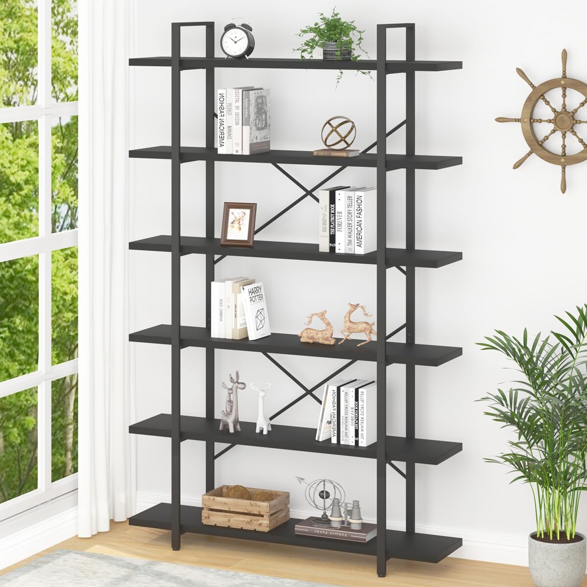 HSH 6 Shelf Tall Bookcase, Industrial Modern Large 6 Tier Bookshelf, Open Wood and Metal Display & Storage Rack,Farmhouse Bookcases and Book Shelves 6 Shelf for Bedroom Living Room Office,Rustic Brown
