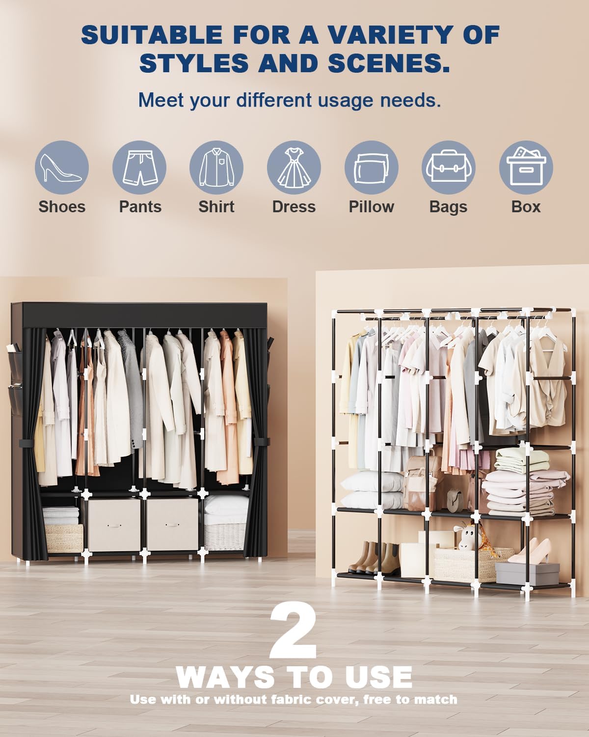 Mavivegue Clothes Organizer with 4 Hanging Rods, Portable Closet Wardrobe, Non-Woven Fabric Cover, Large Capacity Storage for Bedroom and Living Room,Black
