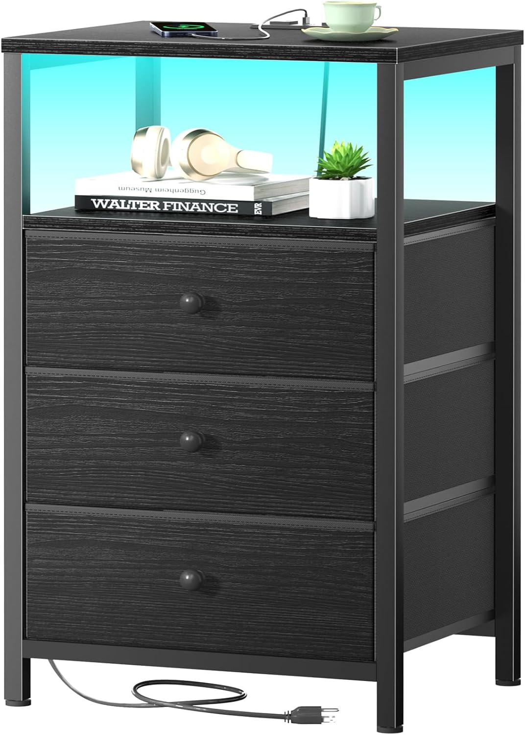 BOLUO White Nightstand with Charging Station, LED Night Stand with 2 Fabric Drawers, Bedside Table with USB Ports and Outlets, Nightstand for Bedroom Modern