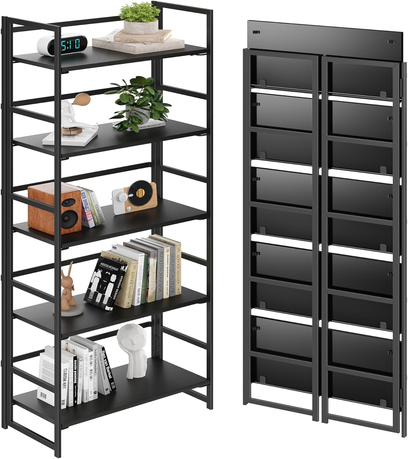 BHG Vintage Multifunctional Folding Bookshelf, No-Assembly Plant Stand Storage Rack Shelves for Home Office (Fire, 5-Tier)