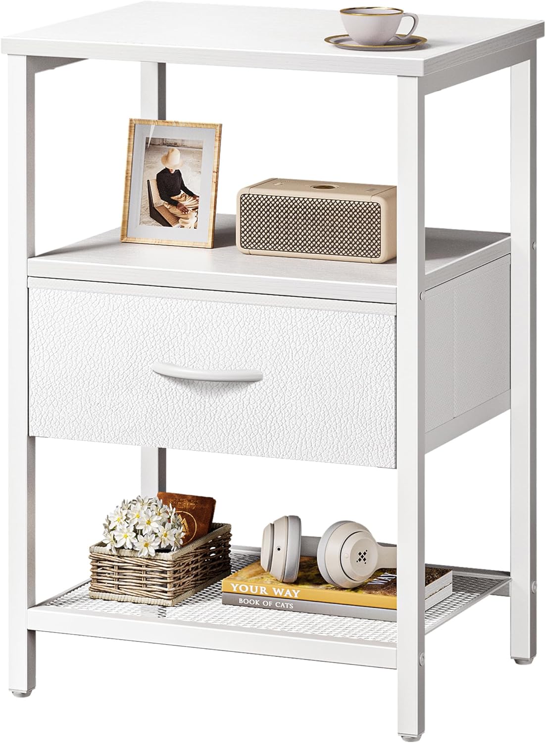 Huuger Nightstand Set of 2, Night Stand with Fabric Drawer, Mesh Shelf, Side Table with Storage, Fabric Drawer Dresser, Open Shelf, Metal Frame, Bedroom, Rustic Brown