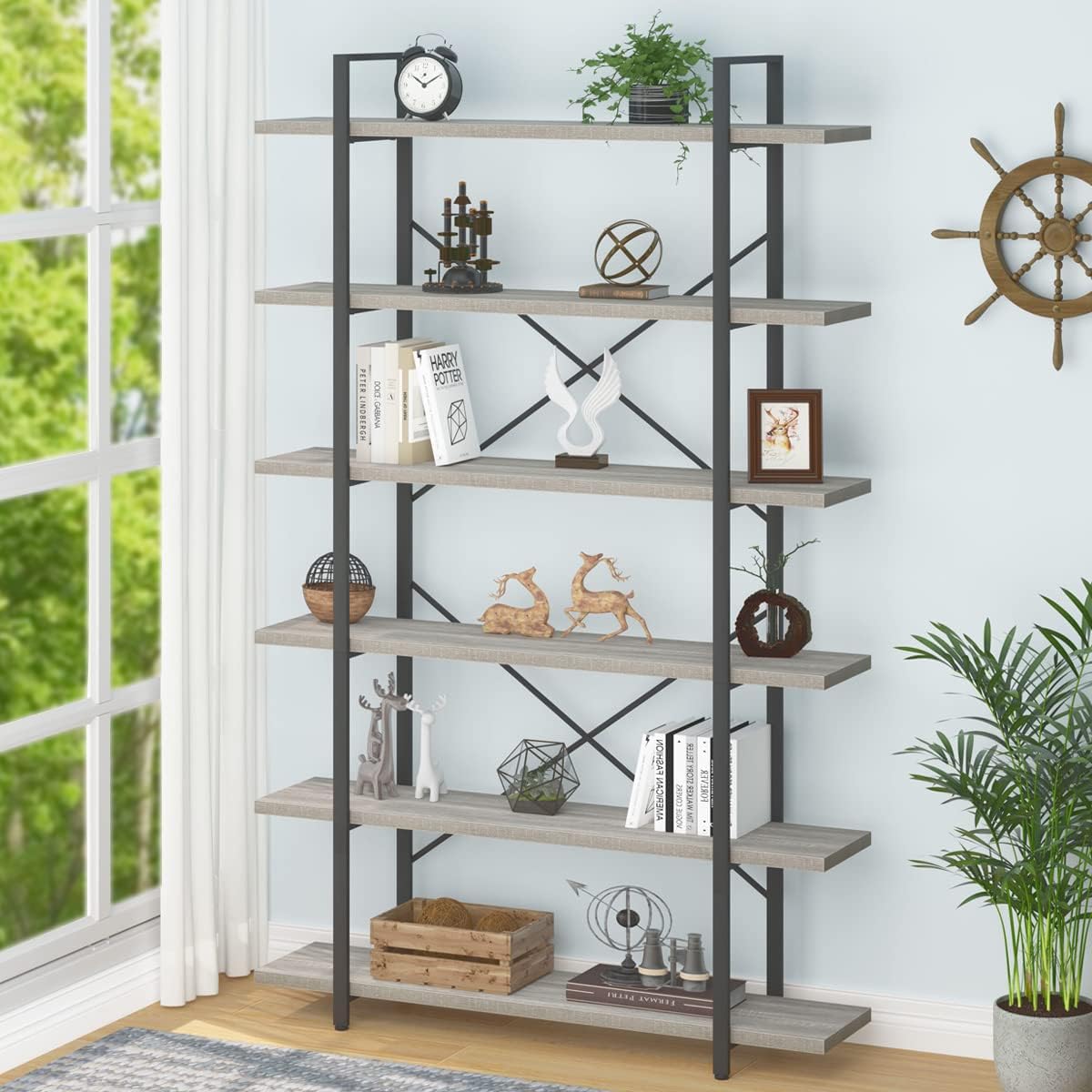 HSH 6 Shelf Tall Bookcase, Industrial Modern Large 6 Tier Bookshelf, Open Wood and Metal Display & Storage Rack,Farmhouse Bookcases and Book Shelves 6 Shelf for Bedroom Living Room Office,Rustic Brown