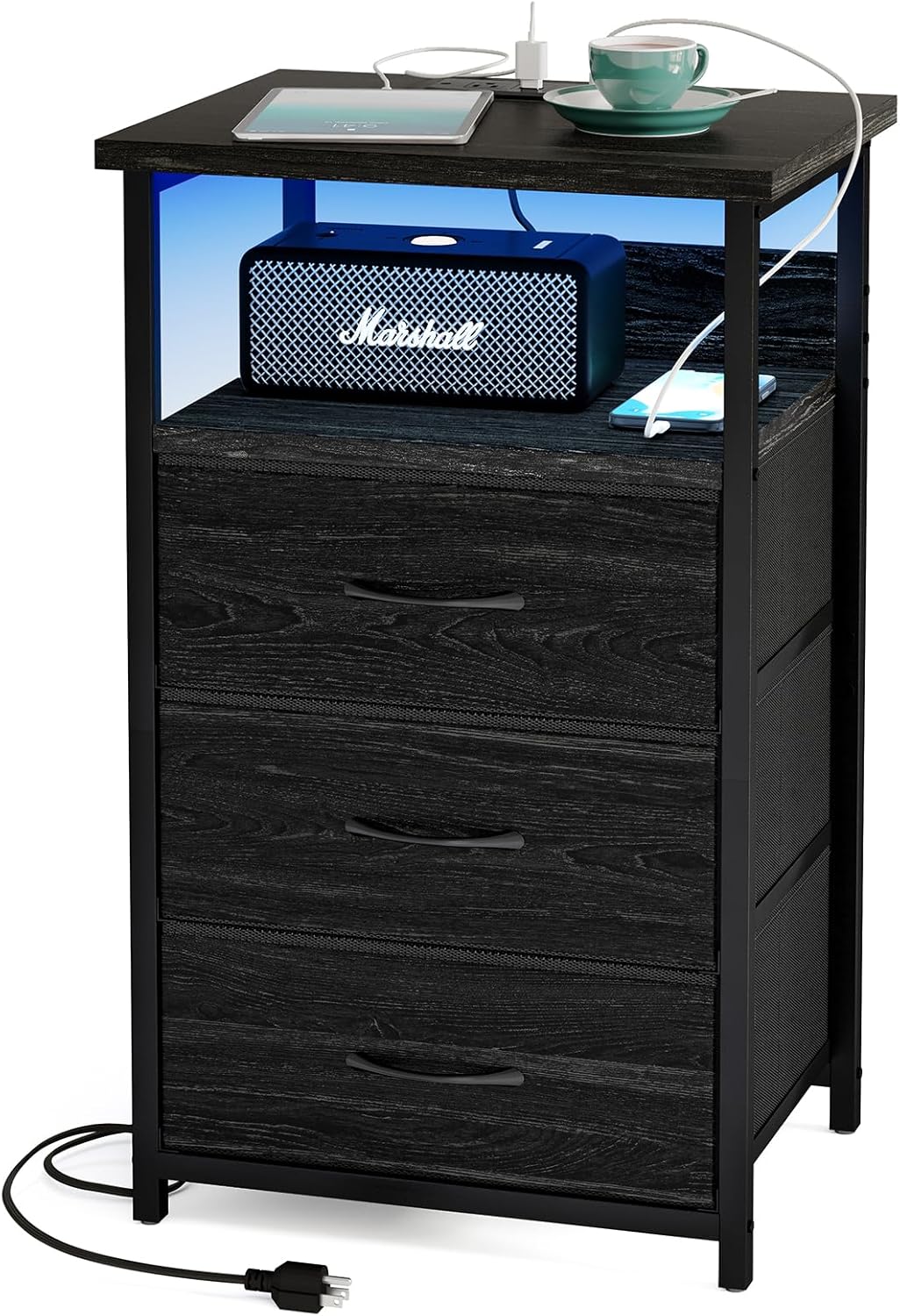 Fixwal Night Stand with Charging Station, LED Nightstand with U-S-B Ports and Outlets, 3 Fabric Storage Drawers with PU Finish, Bedside Table, Black