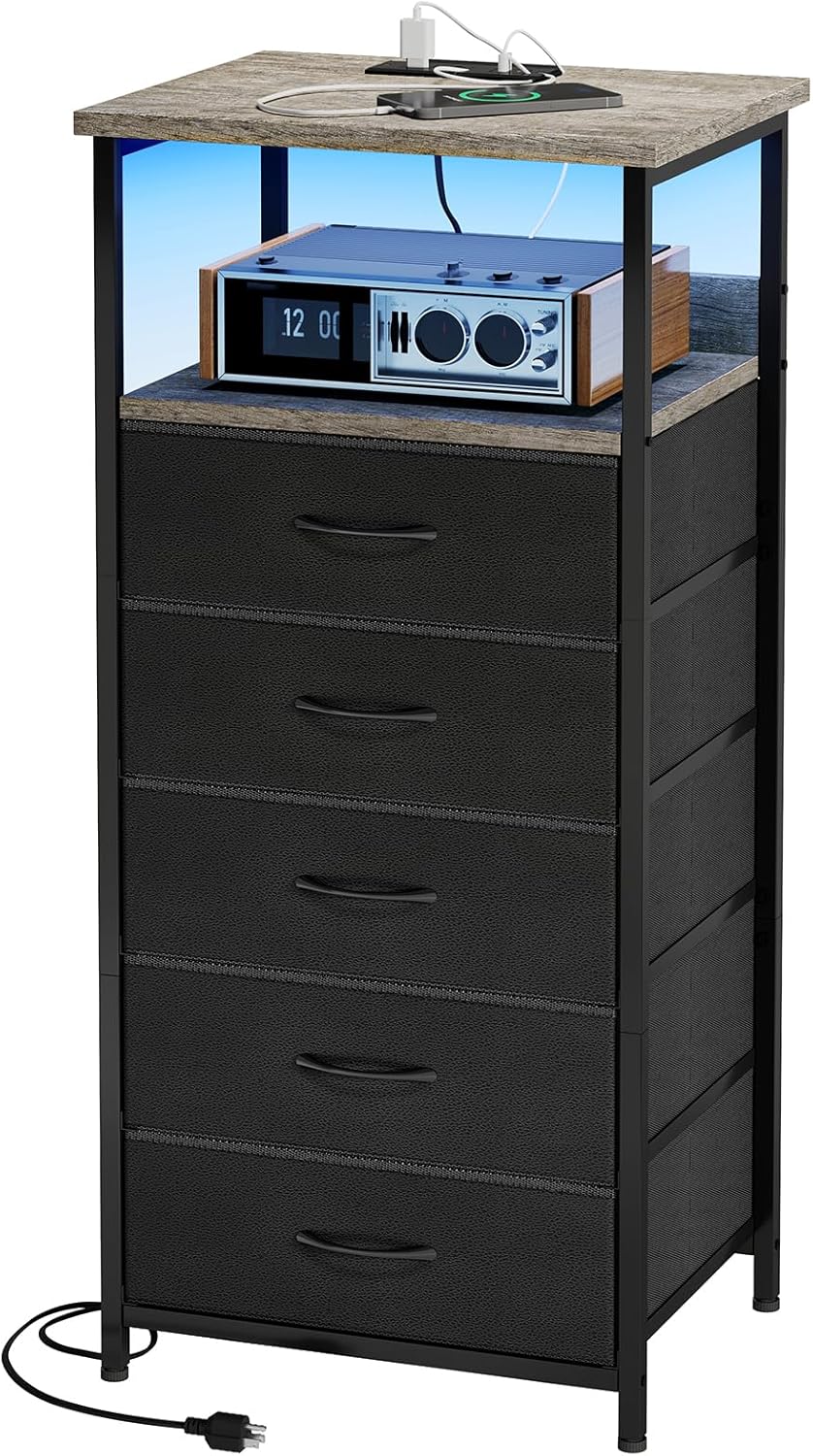 Fixwal Night Stand with Charging Station, LED Nightstand with U-S-B Ports and Outlets, 3 Fabric Storage Drawers with PU Finish, Bedside Table, Black