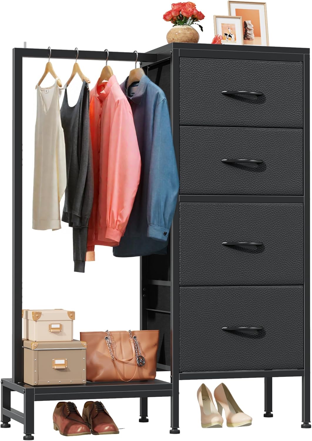 Dresser with Hanging Rack, 4 Drawers Small Closet for Bedroom, Reversible Fabric Kids Chest of Drawers with Clothes Rack, Tall Storage Tower, Sturdy Frame, Rustic Brown, 44''H