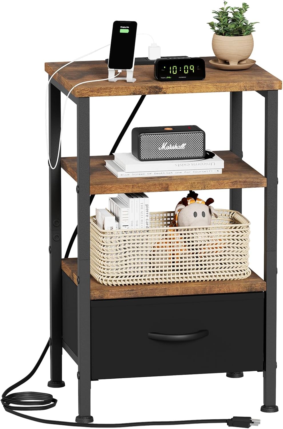 Fixwal Night Stand with Charging Station, LED Nightstand with U-S-B Ports and Outlets, 2 Fabric Storage Drawers with PU Finish, Small Bedside Table, Black