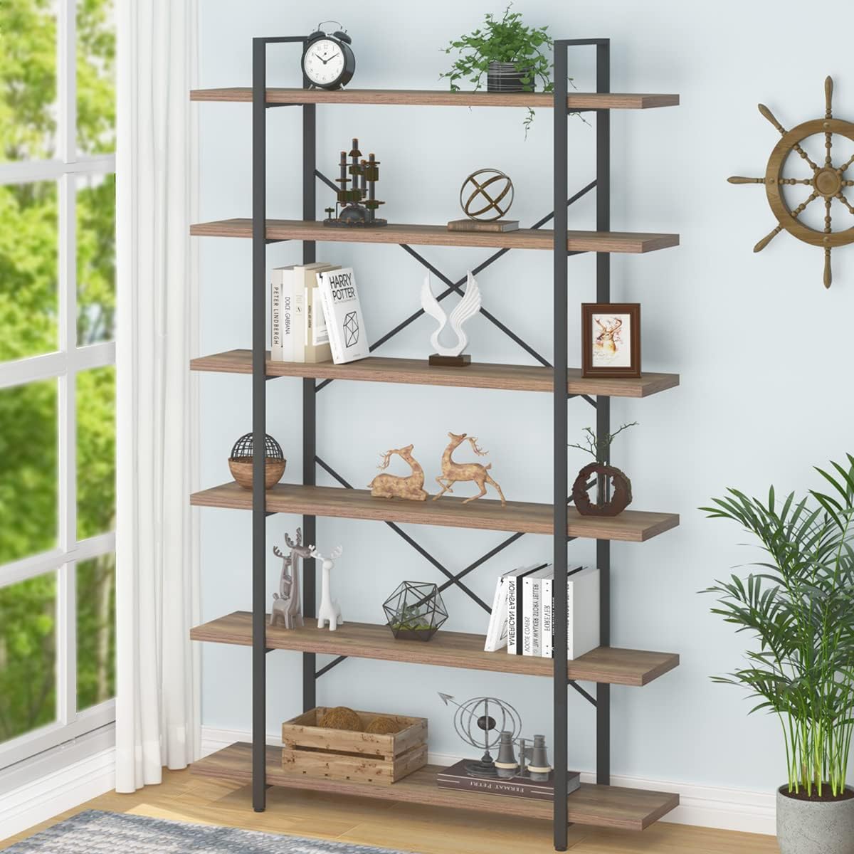 HSH 6 Shelf Tall Bookcase, Industrial Modern Large 6 Tier Bookshelf, Open Wood and Metal Display & Storage Rack,Farmhouse Bookcases and Book Shelves 6 Shelf for Bedroom Living Room Office,Rustic Brown