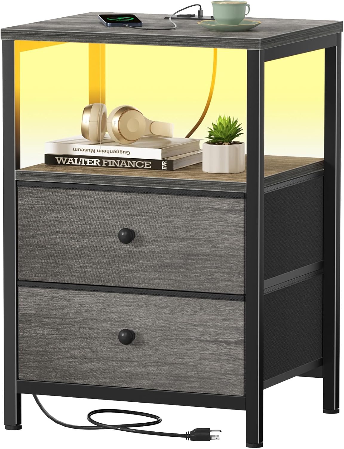 BOLUO White Nightstand with Charging Station, LED Night Stand with 2 Fabric Drawers, Bedside Table with USB Ports and Outlets, Nightstand for Bedroom Modern