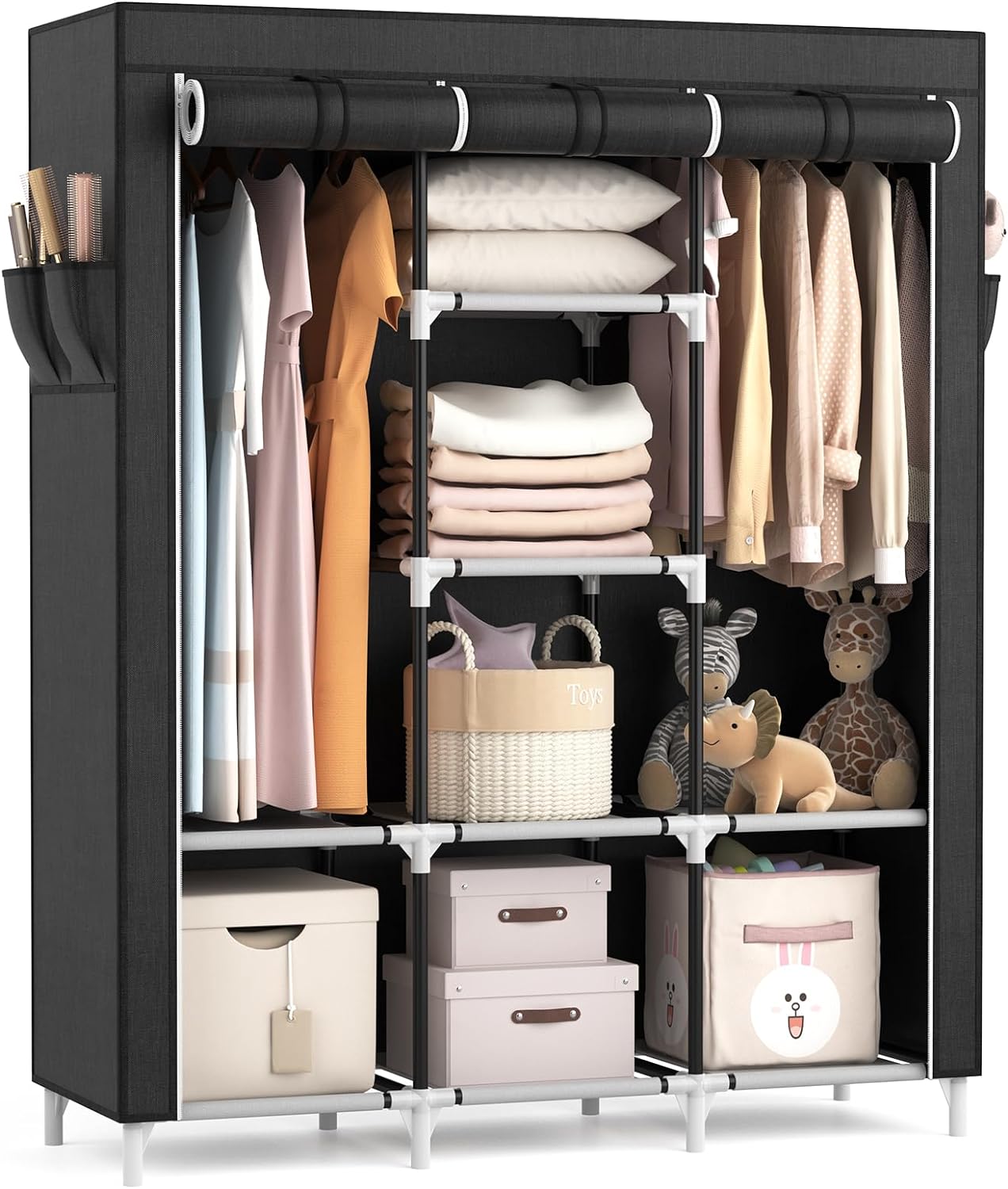 VTRIN Portable Closet Wardrobe for Hanging Clothes with 2 Hanging Rods and 8 Storage Organizer Shelves,Sturdy Large Wardrobe Closet for Bedroom Free Standing Clothes Rack with Cover,Grey